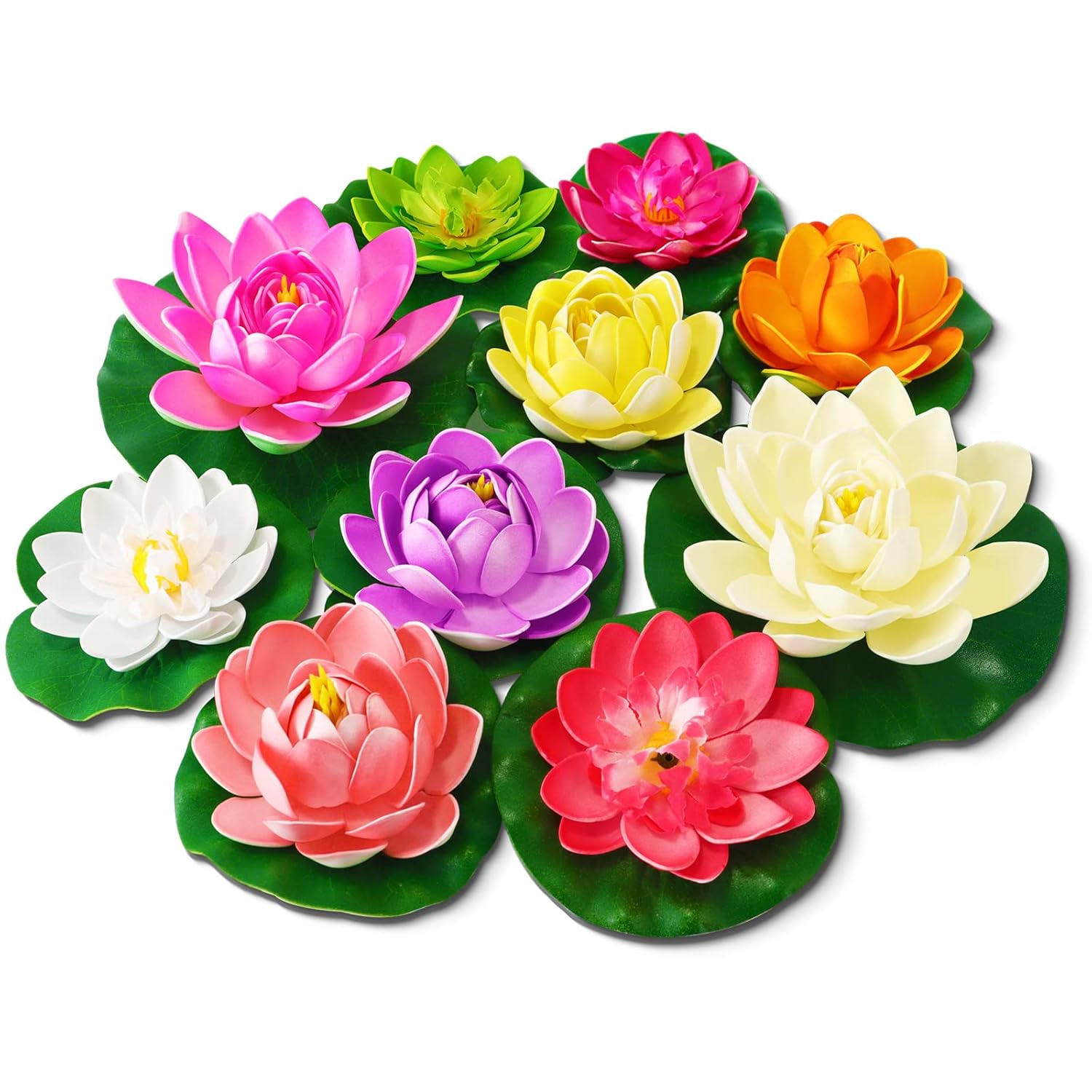 Artificial Lotus Flowers Water Lilies For Pond Pool, 10 Pcs Realistic Floating Foam Lotus Flowers With Lily Pads For Ponds, 4" And 6" Large Lifelike Water Lilies For Fountain Garden Pond Decoration