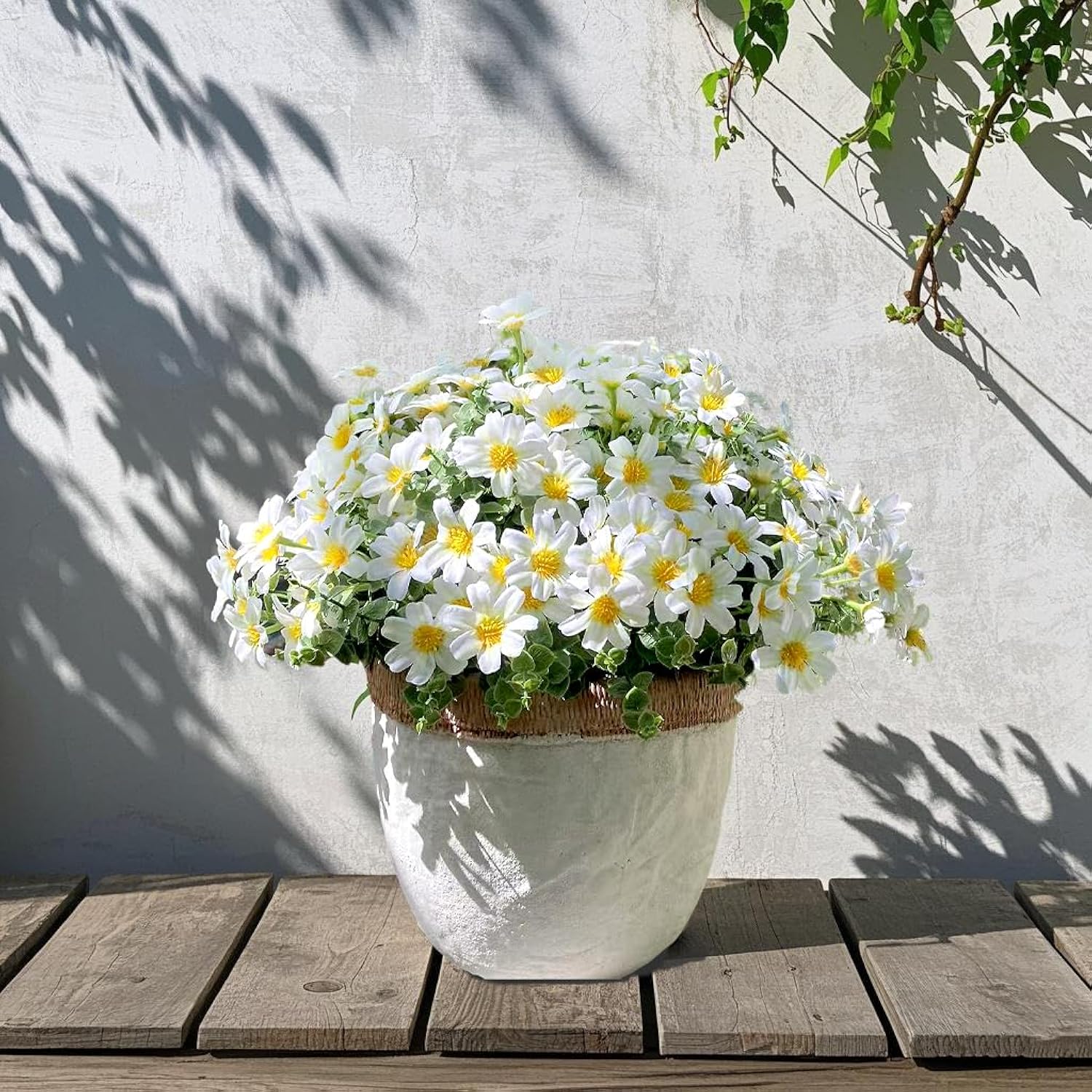 16 Bundles Uv Resistant Artificial Daisy Flowers Fake Eucalyptus Plant Greenery For Indoor Outdoor Shrubbery Pot Home Table Centerpieces (White)