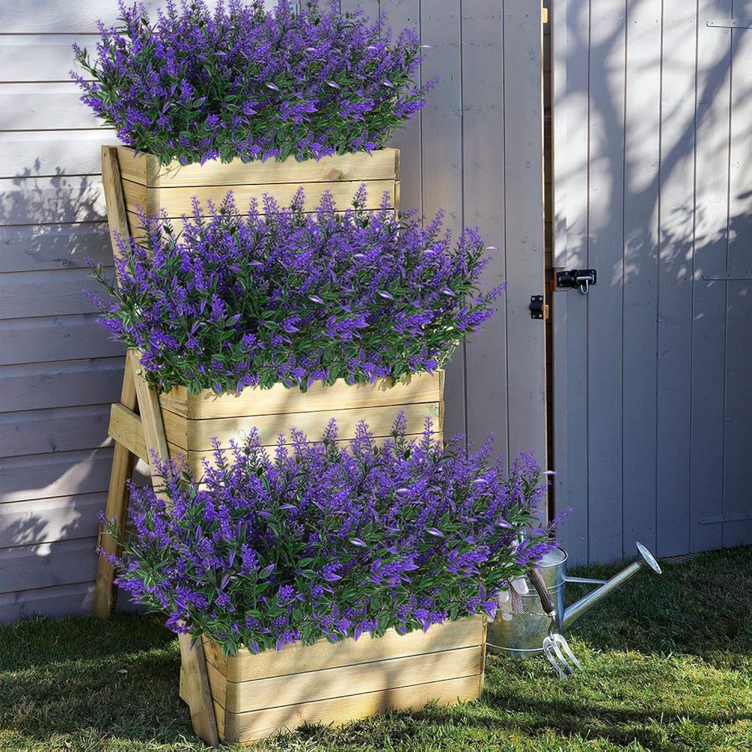 8 Bundles Outdoor Artificial Lavender Fake Flowers Uv Resistant Shrubs, Faux Plastic Greenery For Indoor Outside Hanging Plants Garden Porch Window Box Home Wedding Farmhouse Decor (Purple)