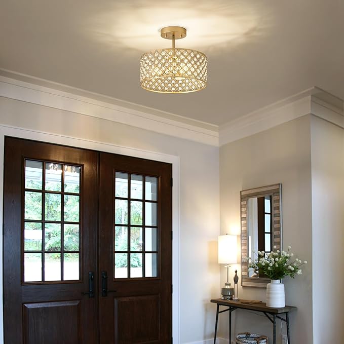 12 Inch Gold Crystal Ceiling Light Modern Semi Flush Mount 3 Light Chandelier Fixture