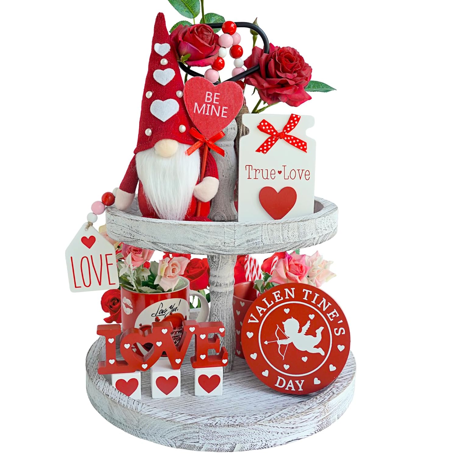 8Pcs Valentines Day Tiered Tray Decor Set - Valentines Gnomes Plush, Wood Love Signs, Wooden Beads Garland - Farmhouse Valentines Day Decorations For Home Table