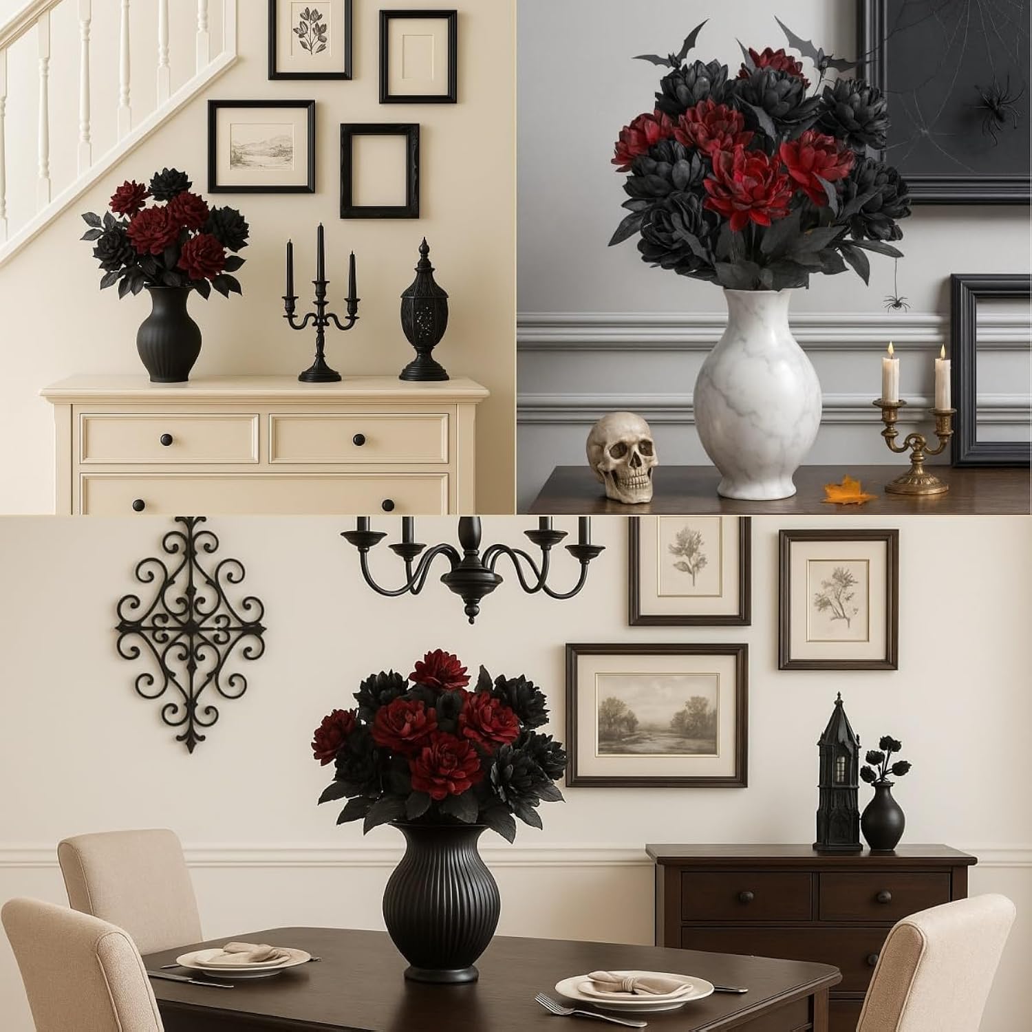 Black Burgundy Artificial Flowers Dahlia Bouquet - Lifelike Faux Gothic Floral Arrangement - 20 Piece Set For Black Red Gothic Decor Or Unique Valentine'S Accents