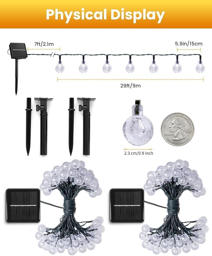 2 Pack Solar String Lights 60 LED 36.5FT Waterproof Warm White Patio Garden Lights