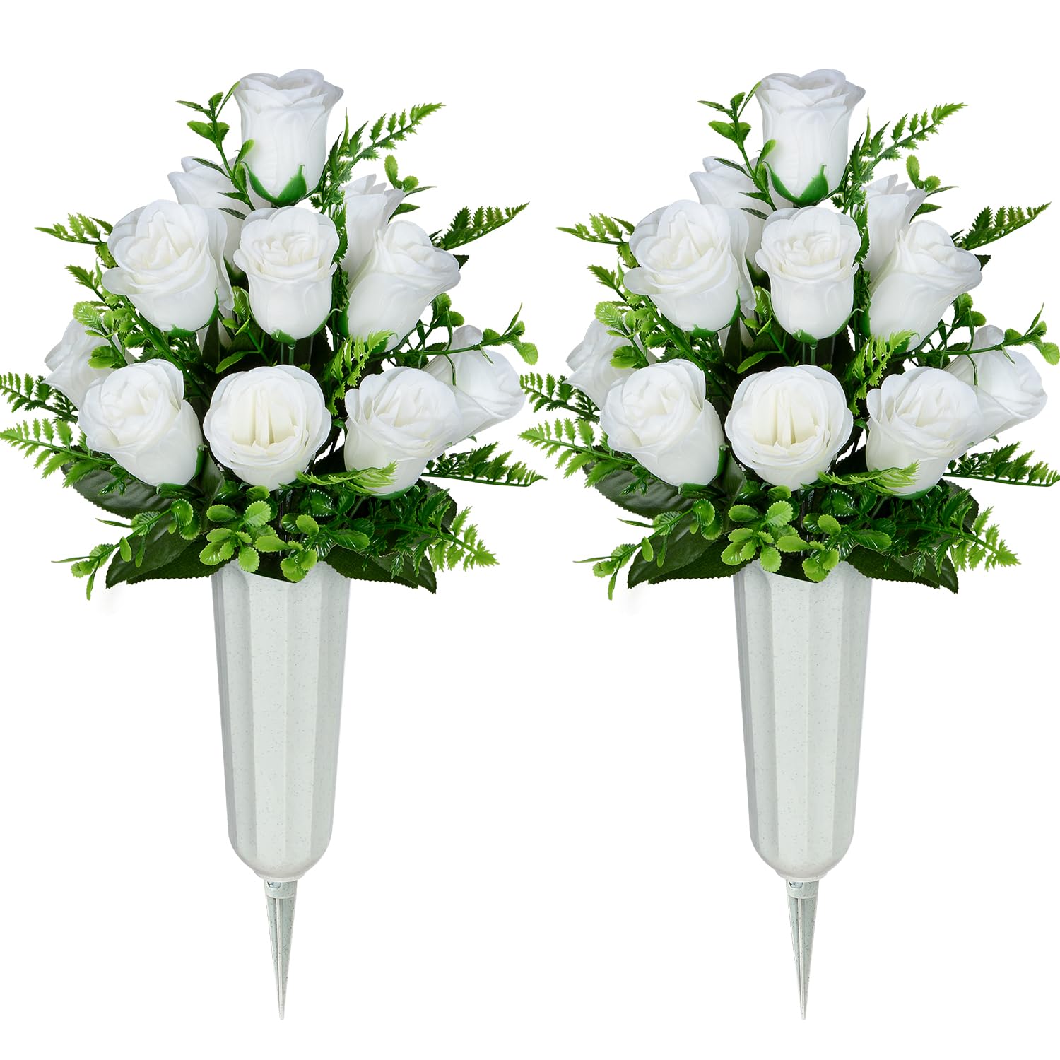 Artificial Cemetery Flowers, Set Of 2 Artificial Rose Bouquet Grave Memorial Flowers With Vase For Cemetery Headstones Decoration (White)