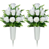 Artificial Cemetery Flowers, Set Of 2 Artificial Rose Bouquet Grave Memorial Flowers With Vase For Cemetery Headstones Decoration (White)