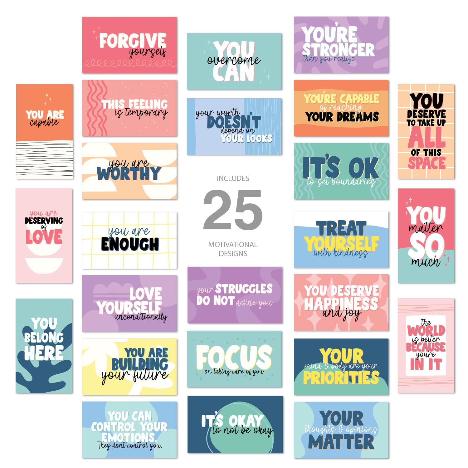 Strong Mental Health Mini Quote Cards / 50 Motivational Kindness Cards / 25 Vibrant Uplifting Designs / 2" X 3.5" Flat Business Card Size/Small Inspirational Daily Quote Cards