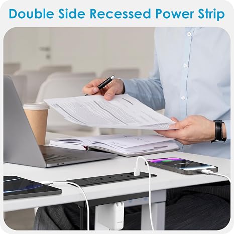 Recessed Power Strip 6 Outlets 20W USB C 6FT Flat Plug Extension Cord Flush Mount Black