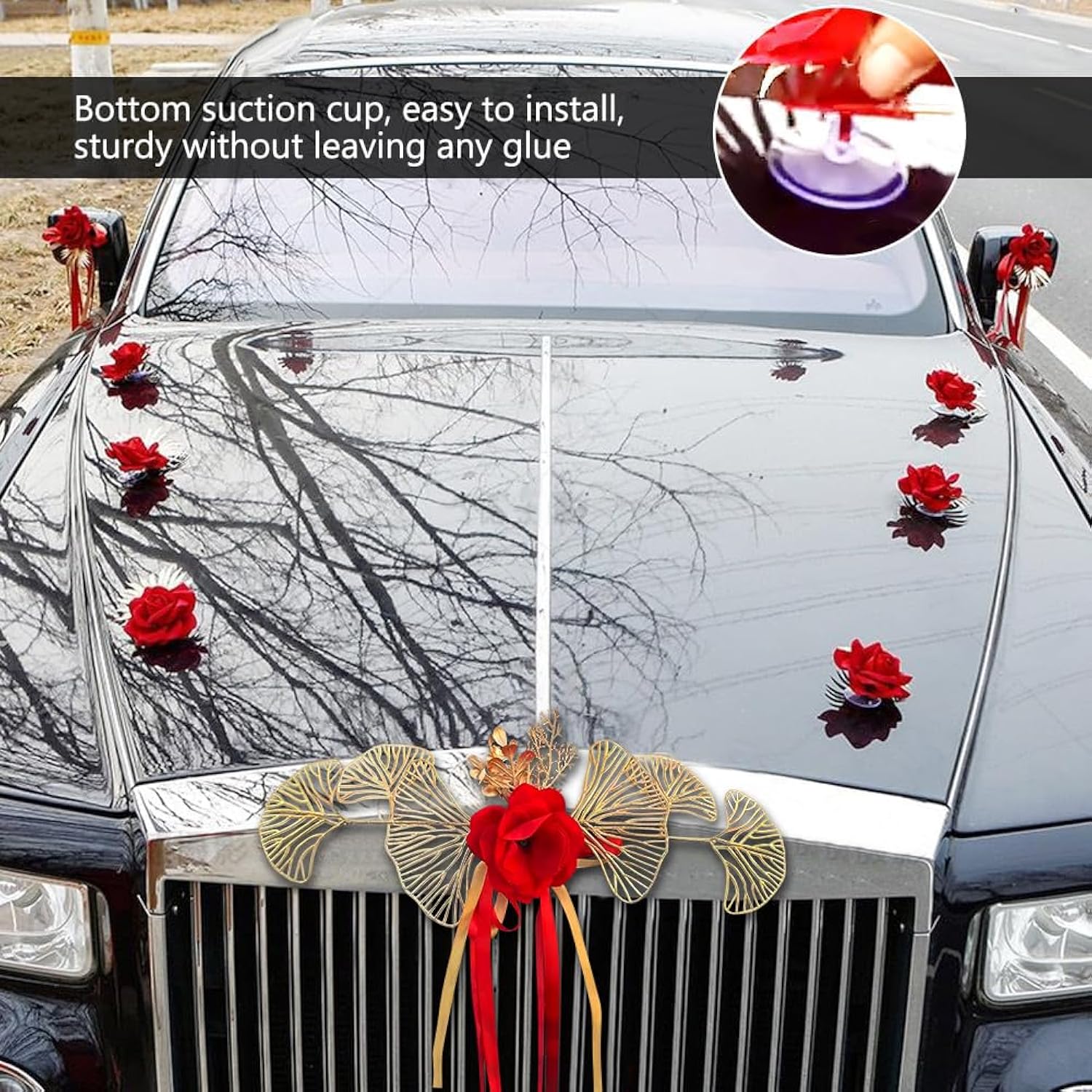 13Pcs Car Decorations Set With Suction Cups - Wedding Party Flower Kit - Artificial Rose Flowers For Car Decor