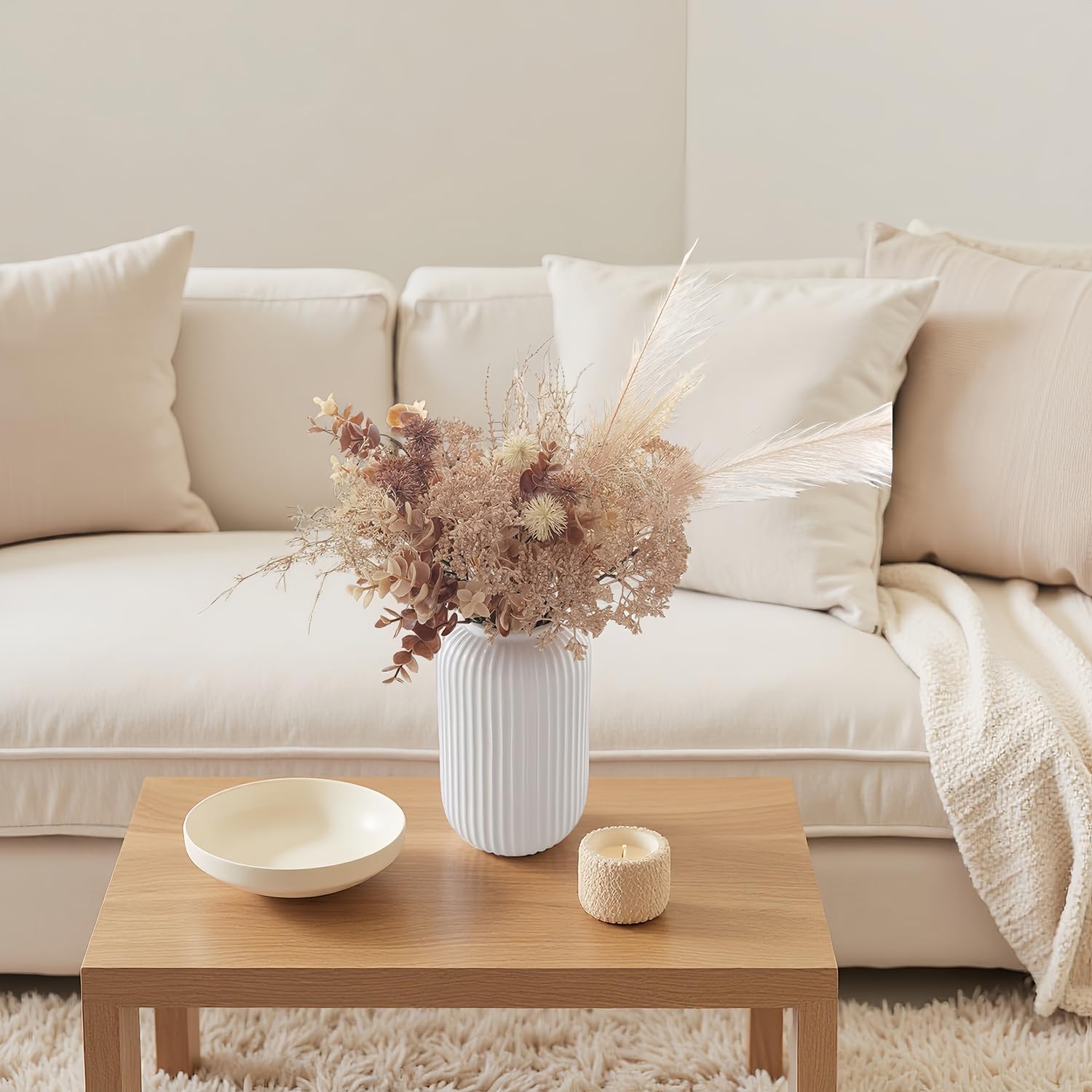 Artificial Fall Pampas Grass Flowers Bouquet Boho Home Decor Fake Floral Arrangement For Wedding Party Table Room Leaf Fall For Vases Centerpieces Autumn Harvest Festival (Beige-A)