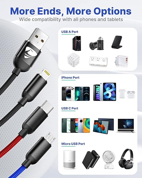 3 in 1 Multi Charging Cable Nylon Braided Fast Charging USB Cord with USB C Lightning Micro USB for iPhone Samsung iPad