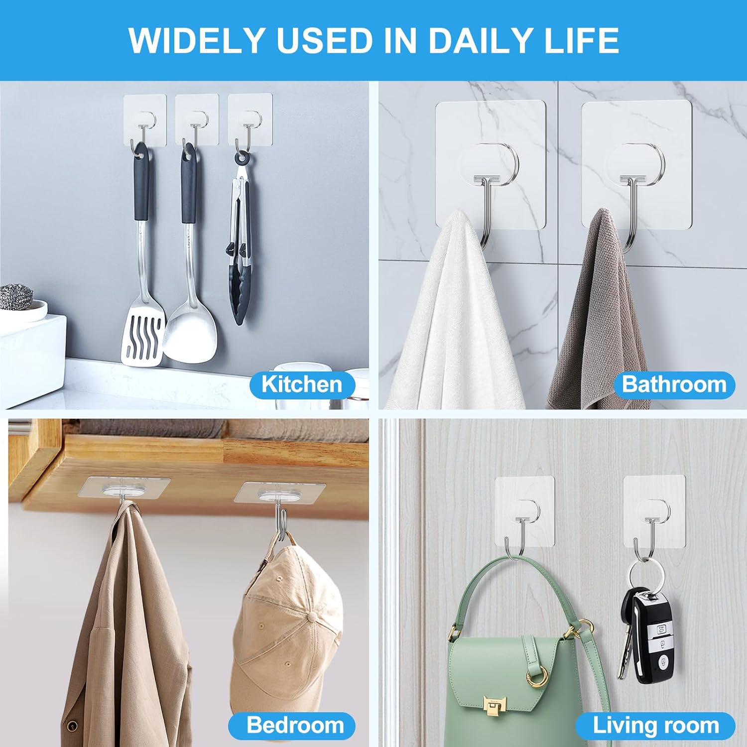 Large Adhesive Hooks For Hanging Heavy Duty Wall Hooks Self Adhesive Towel Coat Hooks Waterproof Transparent Hook For Bathroom Shower Kitchen Keys Door Outdoor Home Improvement Utility Hook 8 Pack