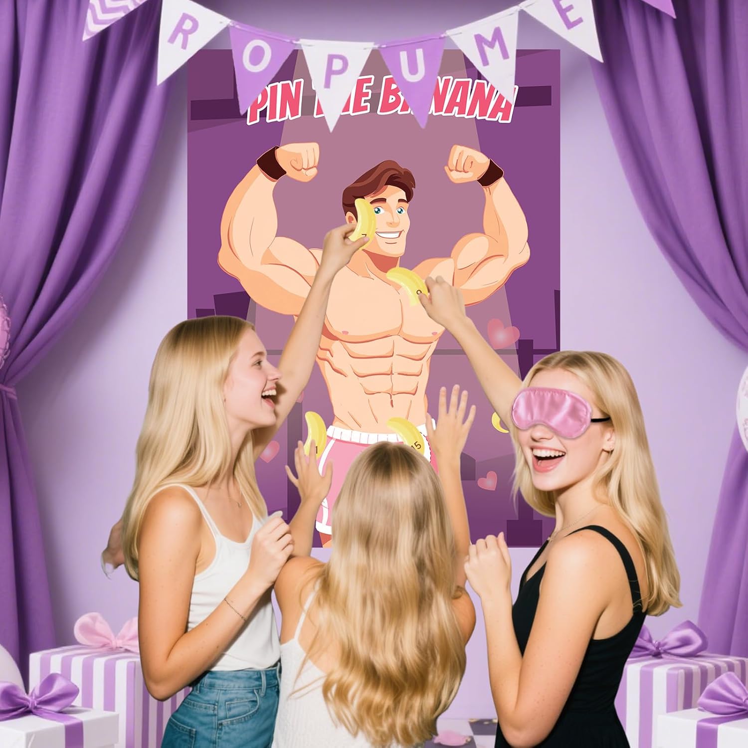 Bachelorette Party Games For Adults Women - Pin The Banana On The Hunk Bachelorette Game, Bridal Shower Games With 36 Stickers & 2 Blindfolds For Girls Night Wedding Engagement Party