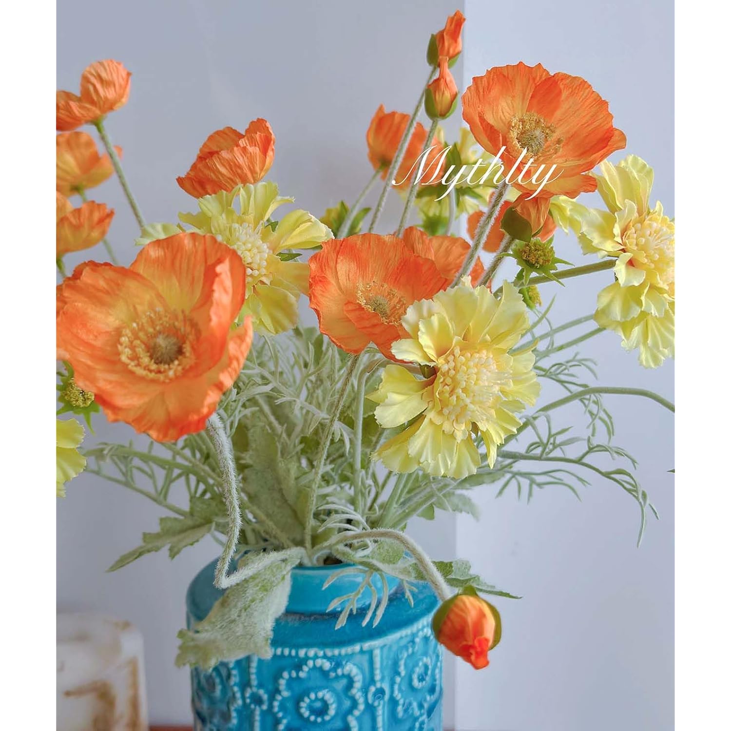 7 Pcs Poppy And Chrysanthemum Artificial Flowers, Orange And Yellow Fake Silk Flowers For Home Table Centerpieces Kitchen Dining Table Farmhouse Office Desk Decoration (Orange Yellow)