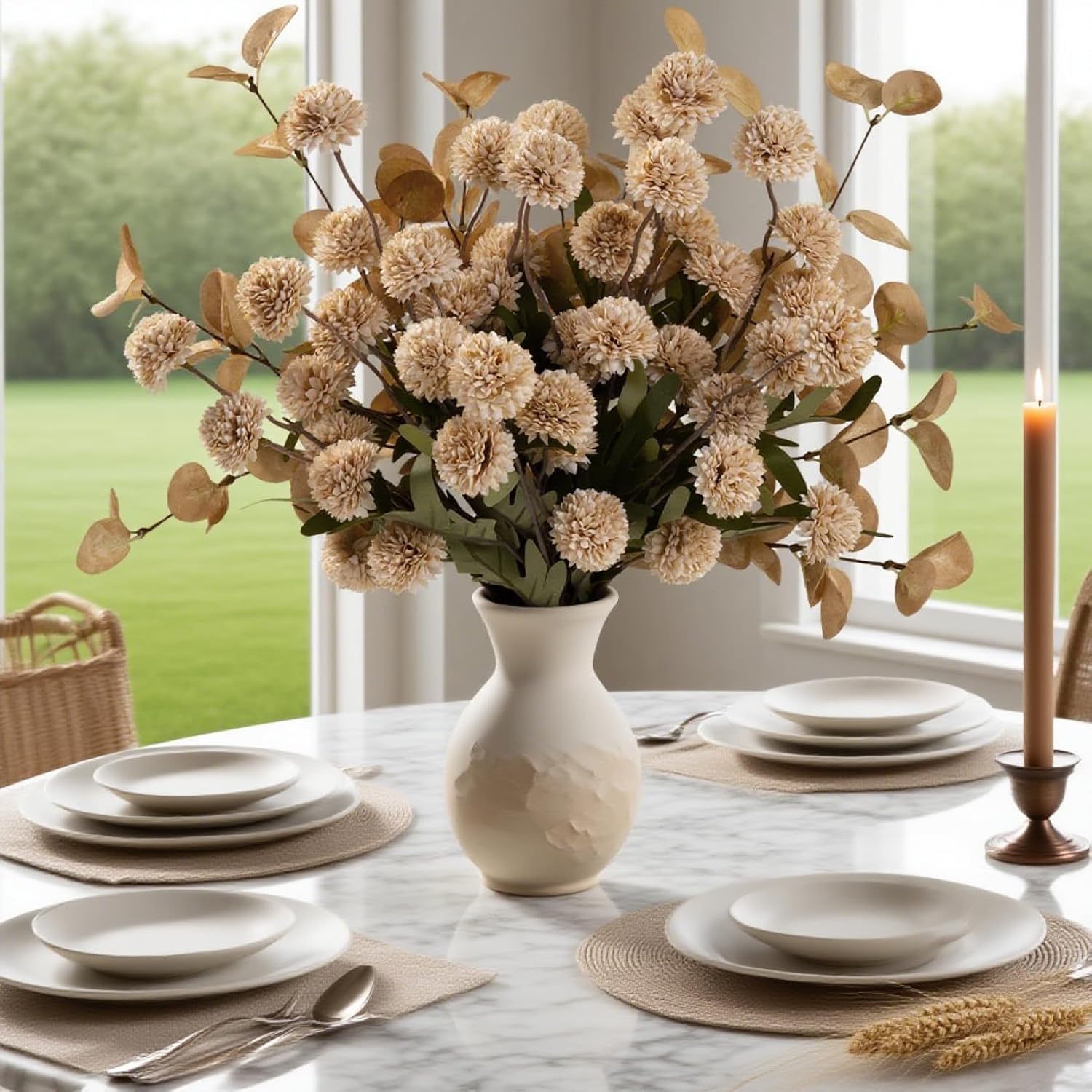 10Pcs Long Stem Artificial Flowers With Eucalyptus For Vase,20" Tall Beige Fake Silk Pompon Mum Flower Bulk Arrangement For Home Living Room Decor (Beige,10Pcs)