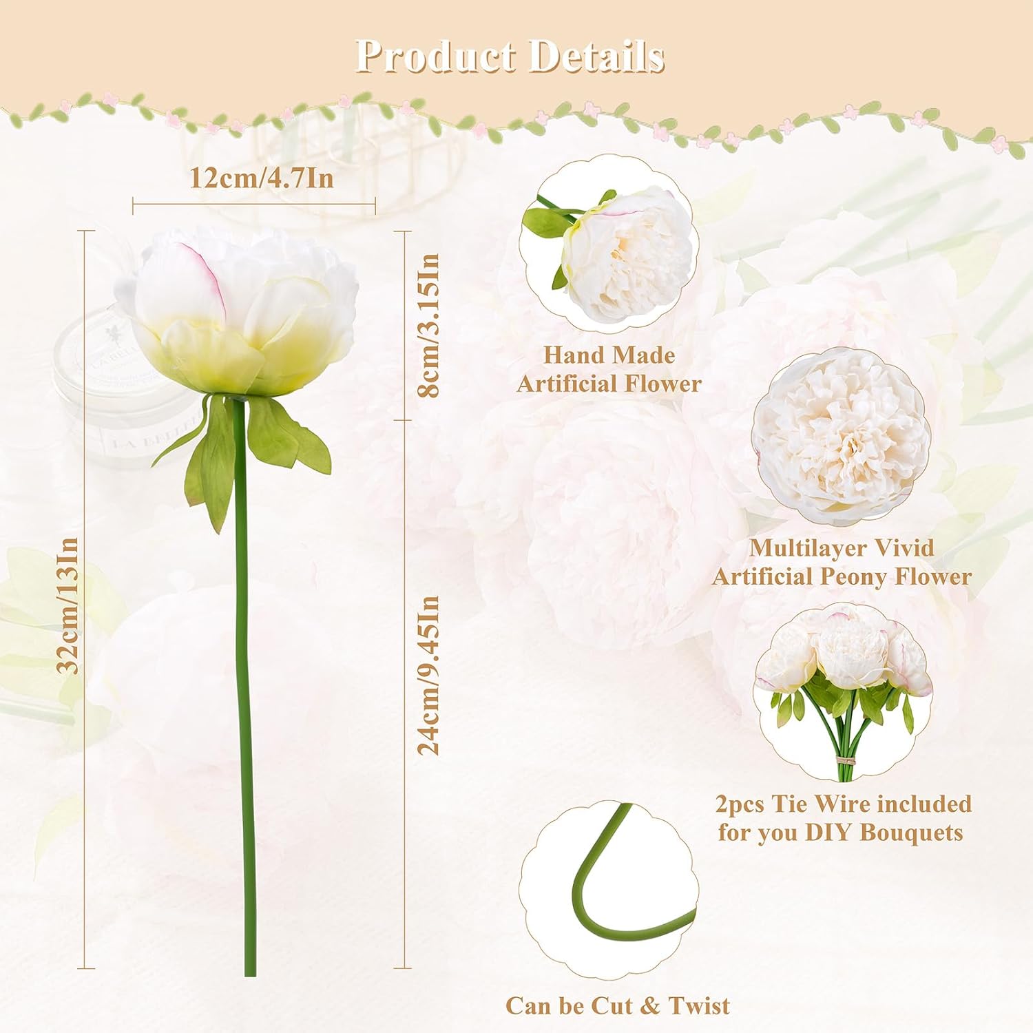 2 Bouquet 10 Heads Artificial Peony Silk Flower Leaf Home Office Wedding Party Festival Bar Decor (Cream White)