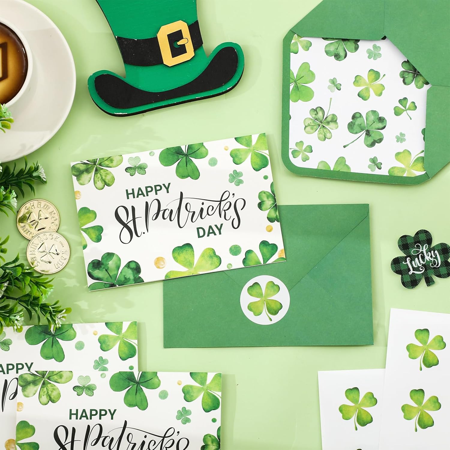 24Pcs Happy St. Patrick' S Day Cards Blank Note Cards With Envelopes Stickers Watercolor Green Shamrock Greeting Card For Irish Holiday, 4 X 6 Inch