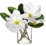 Artificial Magnolia Flower Arrangement In Glass Vase 10'' White Fake Magnolia Silk Flowers With Vase Faux Flower Centerpiece For Home Office Dining Room Table Shelf Decor