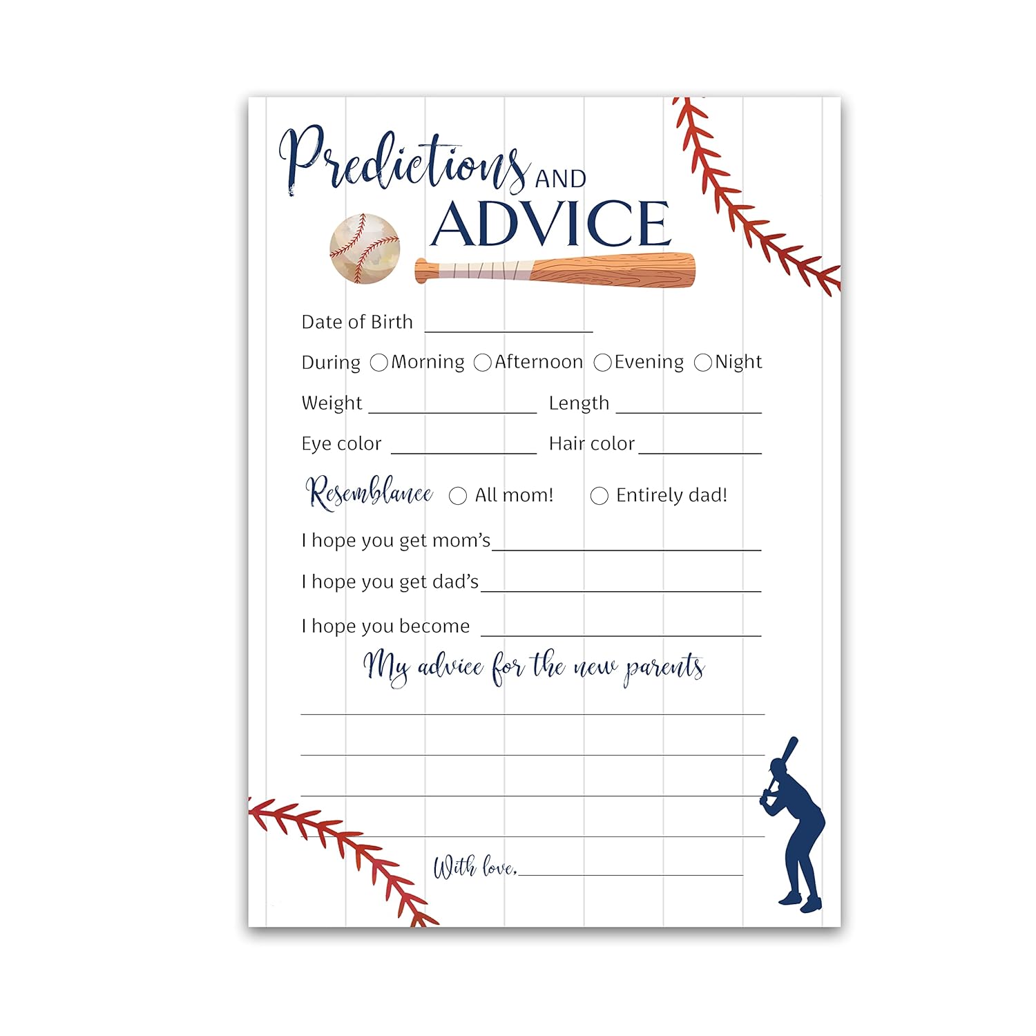 Baseball Prediction And Advice Cards - Pack Of 25 - Sports Navy Blue Boy Baby Shower Games, Wishes For New Parents Mom & Dad To Be Mommy & Daddy Message Little Slugger Shower Activity G900-Pdav