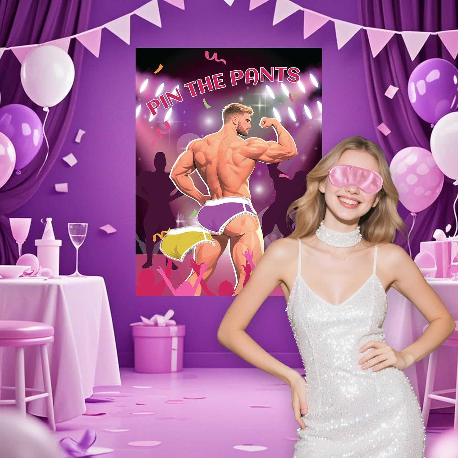 Bachelorette Party Games For Adults Women - Pin The Pants On The Hunk Bachelorette Game, Bridal Shower Games With 24 Stickers & 1 Blindfold For Girls Night Wedding Engagement Party