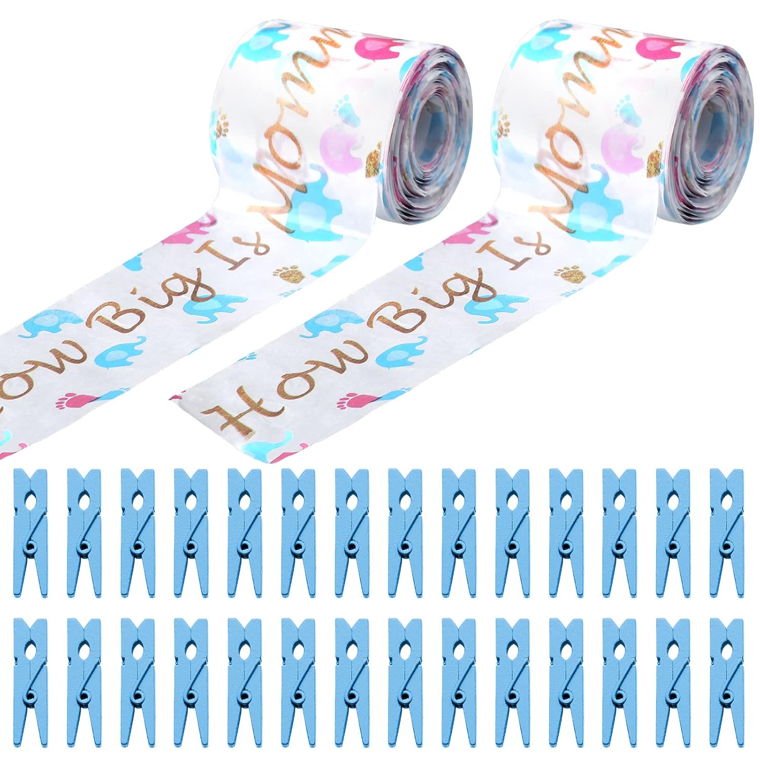 Baby Shower Games Set - Tummy Measuring Tape & Mini Clothespins, How Big Is Mommys Belly & Don'T Say Baby Games For Shower Party Favors (Blue)