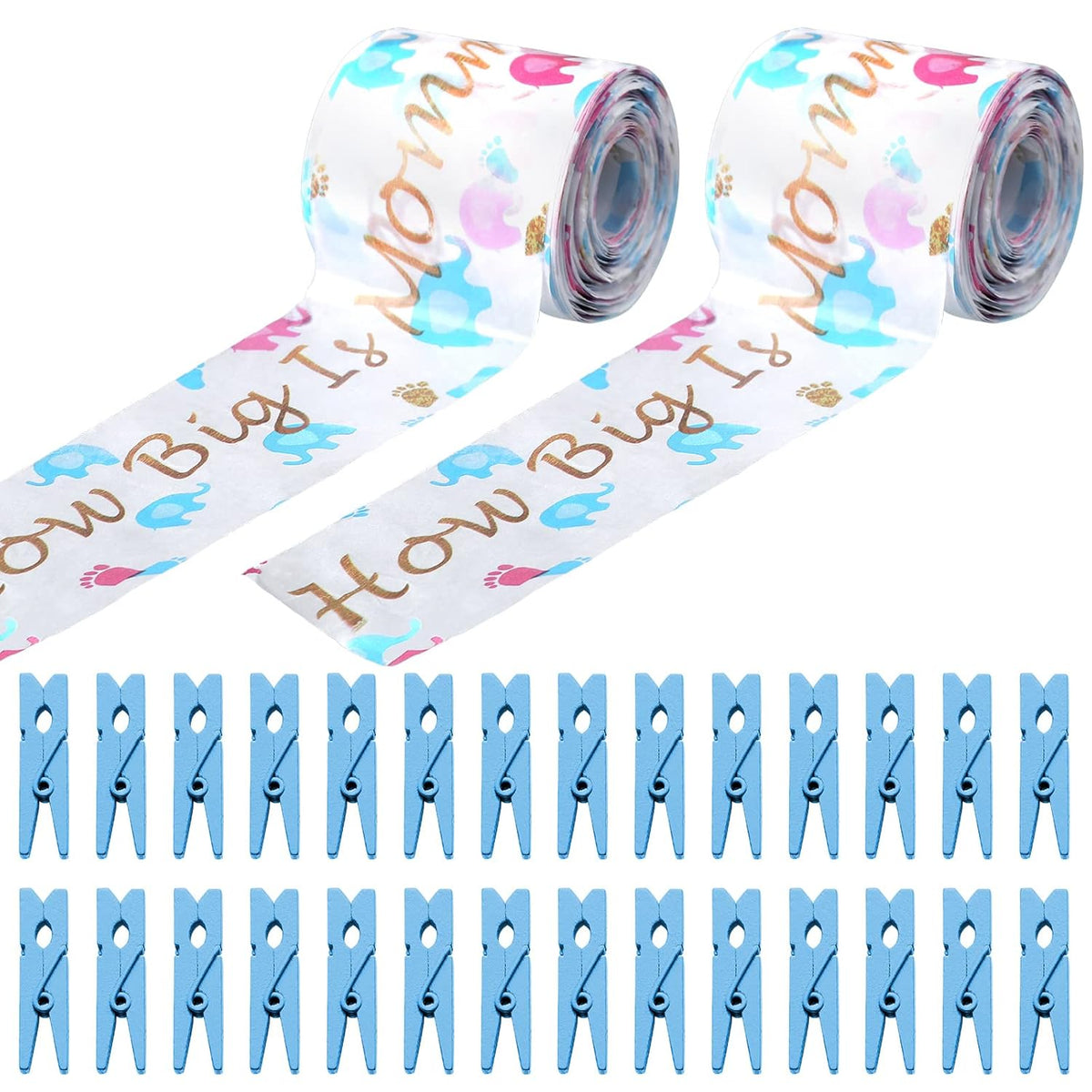 Baby Shower Games Set - Tummy Measuring Tape & Mini Clothespins, How Big Is Mommys Belly & Don'T Say Baby Games For Shower Party Favors (Blue)