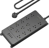 Surge Protector Power Strip 13 Outlets 4 USB Ports 2 USB C 4000J 5FT Flat Plug Wall Mount Black