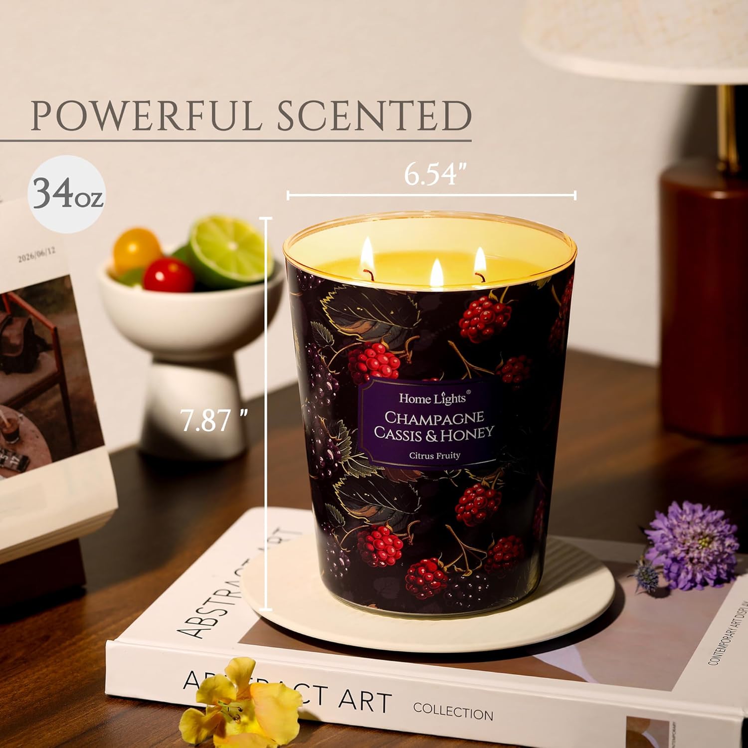 Homelights Scented Candles | Large Jar 34 Oz Natural Soy Candle | 130 Hrs Long-Lasting With 3 Wicks | Eclectic Mixed Styles Home Decor | Gifts For Mom & Women, Champagne Cassis & Honey