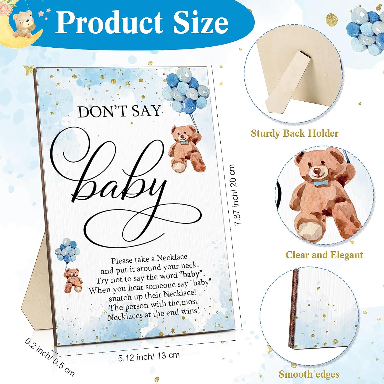 51 Pcs Don'T Say Baby Shower Game Wooden Bear Sign Table Decor Gift Sets 50 Bear Necklaces For Baby Shower Gender Reveal Games Party Favor(Blue)