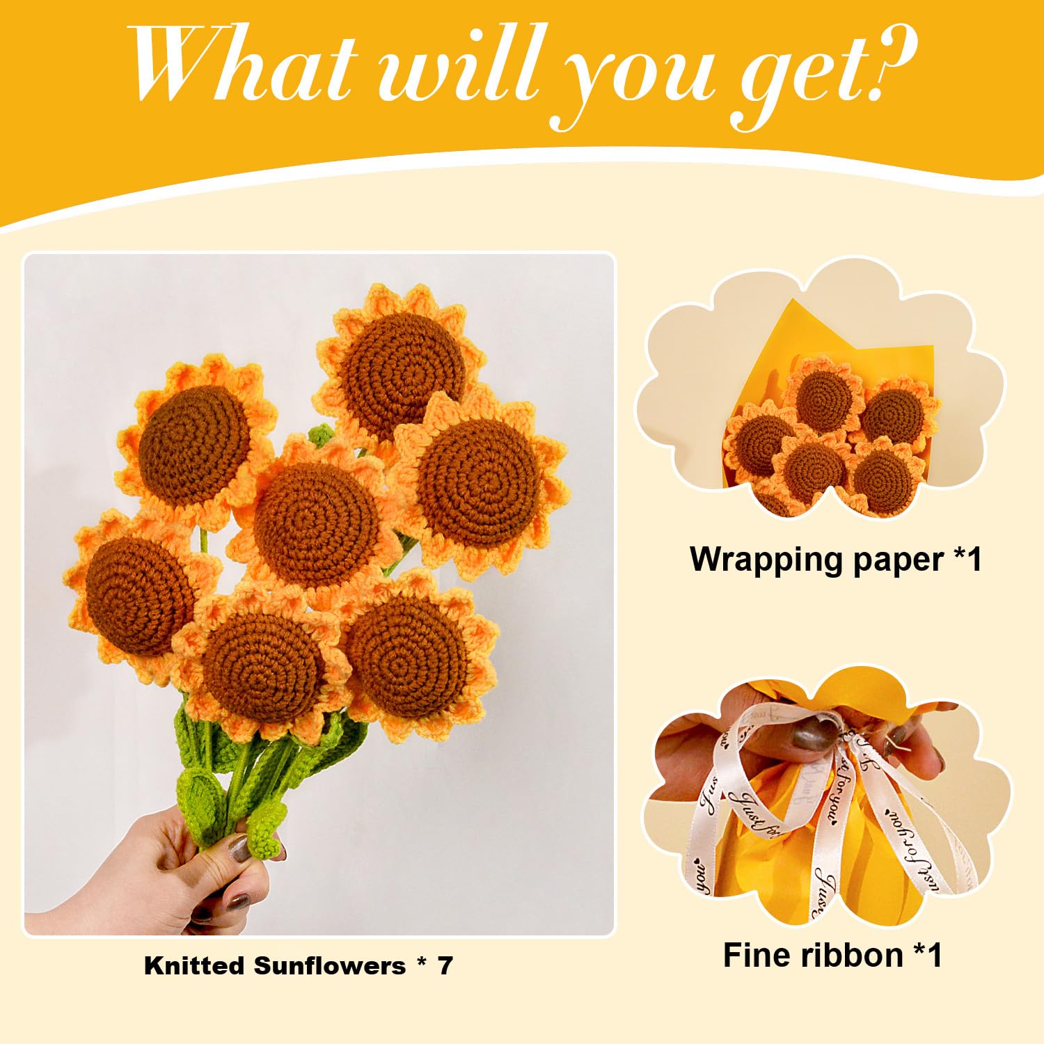 7 Pcs Crochet Sunflower, Diy Knitted Sunflower Bouquet, Sunflower Crochet For Mother'S Day, Birthday Gift, Home Wedding Party Office Table Centerpieces