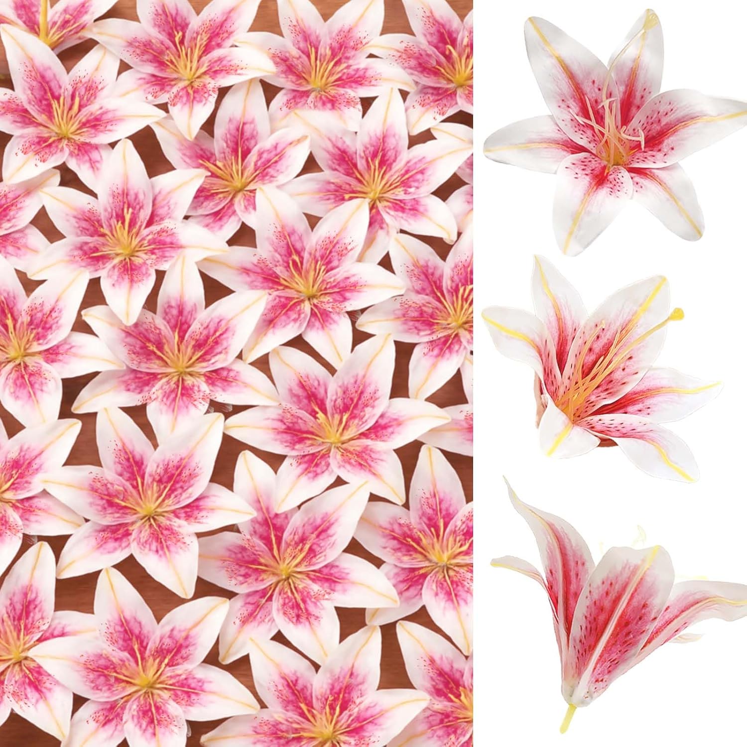 24Pcs 5.5" Large Fake Lilies Flower Heads With Realistic Stamens,24Pcs Pink Artificial Flower Heads, Bulk Silk Flowers For Crafts, Cake Decorating, Wedding Party Wreath, Home Decor