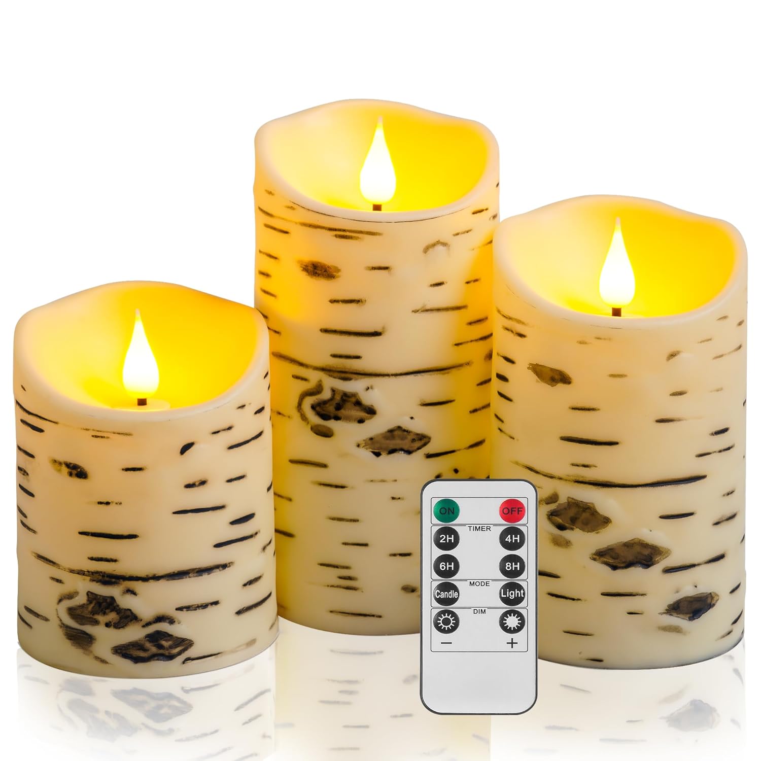 Flameless Birch Bark Candles Flashing Battery Operated Candles Led Pillar Candles With Remote Control And Timer Set Of 3