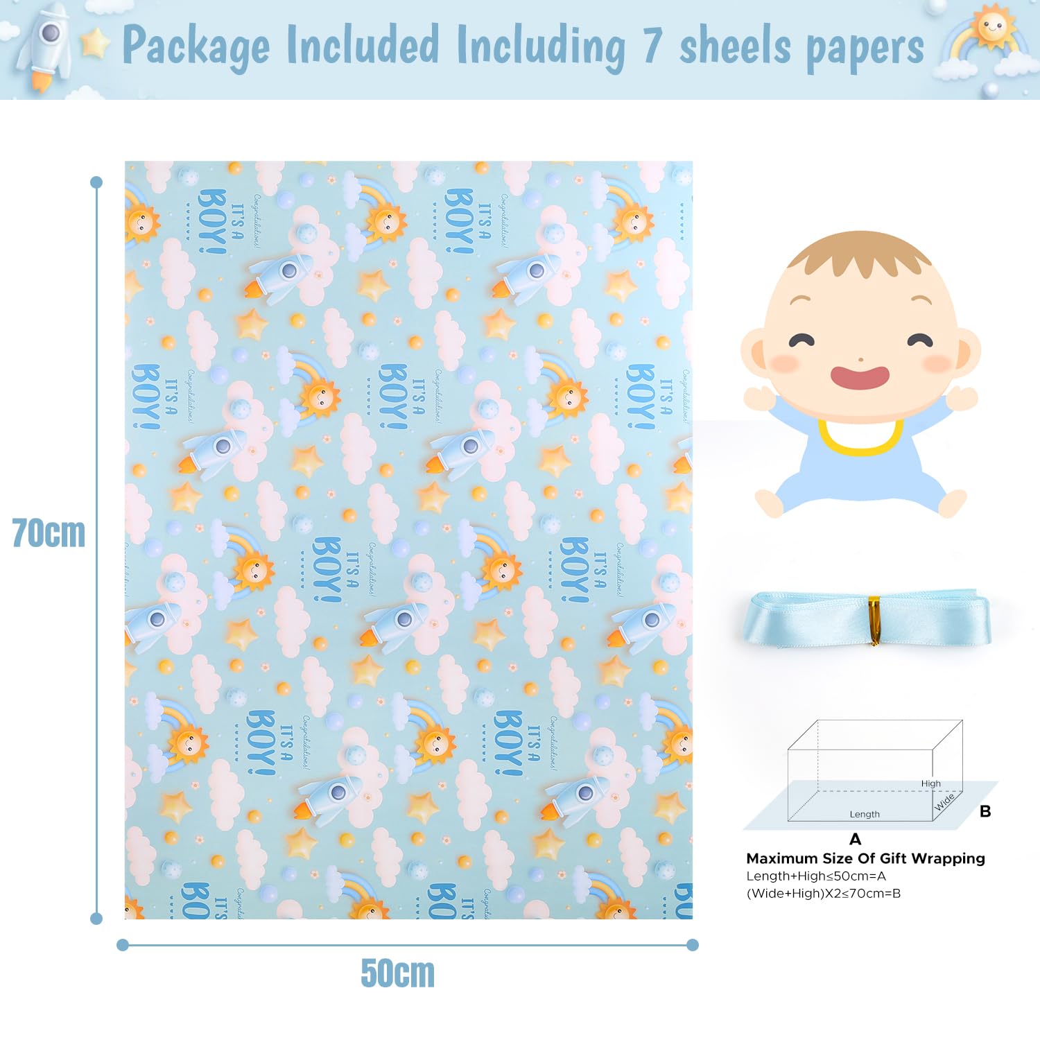 It'S A Boy Gift Wrapping Paper For Newborn Baby Boy Kids,7 Sheets Light Blue Gift Wrap Paper Folded Flat 20X28 Inches Per Sheet With Ribbon For Baby Shower Birthday Celebration Wrap