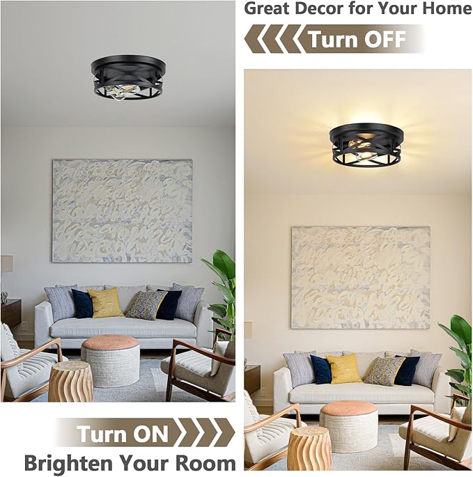 2 Pack Farmhouse Black Ceiling Lights Adjustable Metal Cage Flush Mount Fixtures