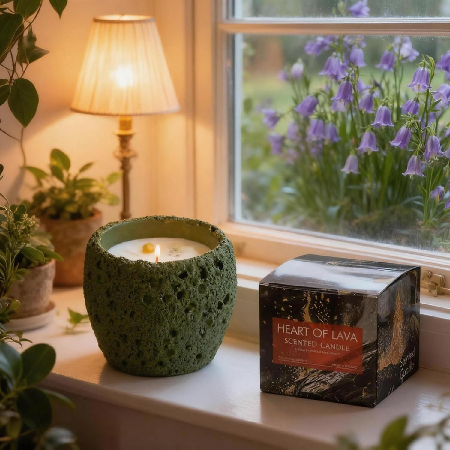 Healing Scented Candle With Crystal,Natural Freesia Essential Oil Soy Wax Aroma Candle For Good Luck,Home Decor & Positive Energy Gifts,Handcrafted Green Stone-Look Container