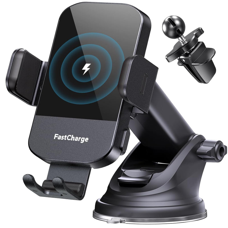 15W Wireless Car Charger with Auto Clamping, Fast Charging Phone Mount - Black