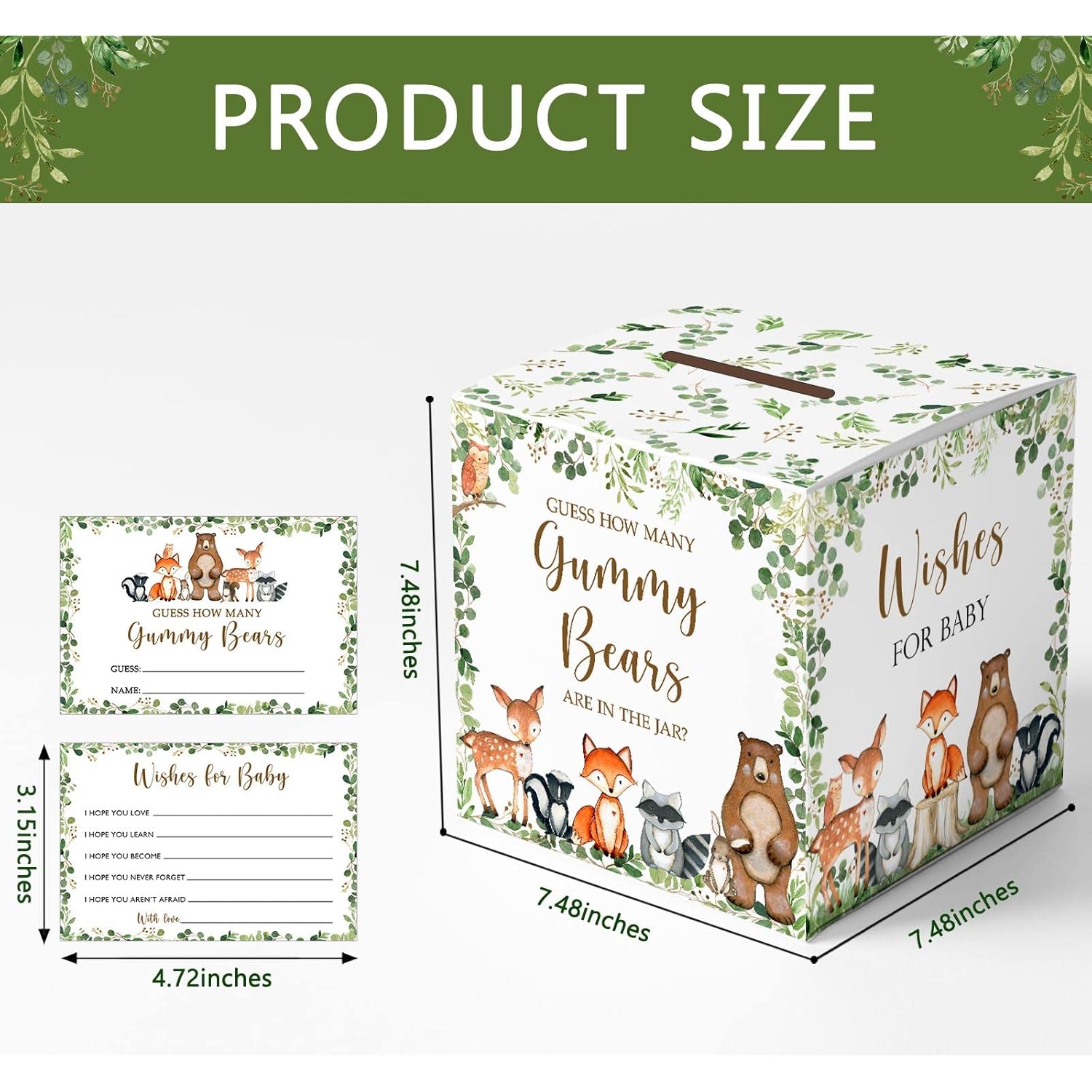 Guess How Many Gummy Bears Guessing Game, Woodland Forest Baby Shower Game Box And Wishes For Baby Cards, Gender Neutral Shower