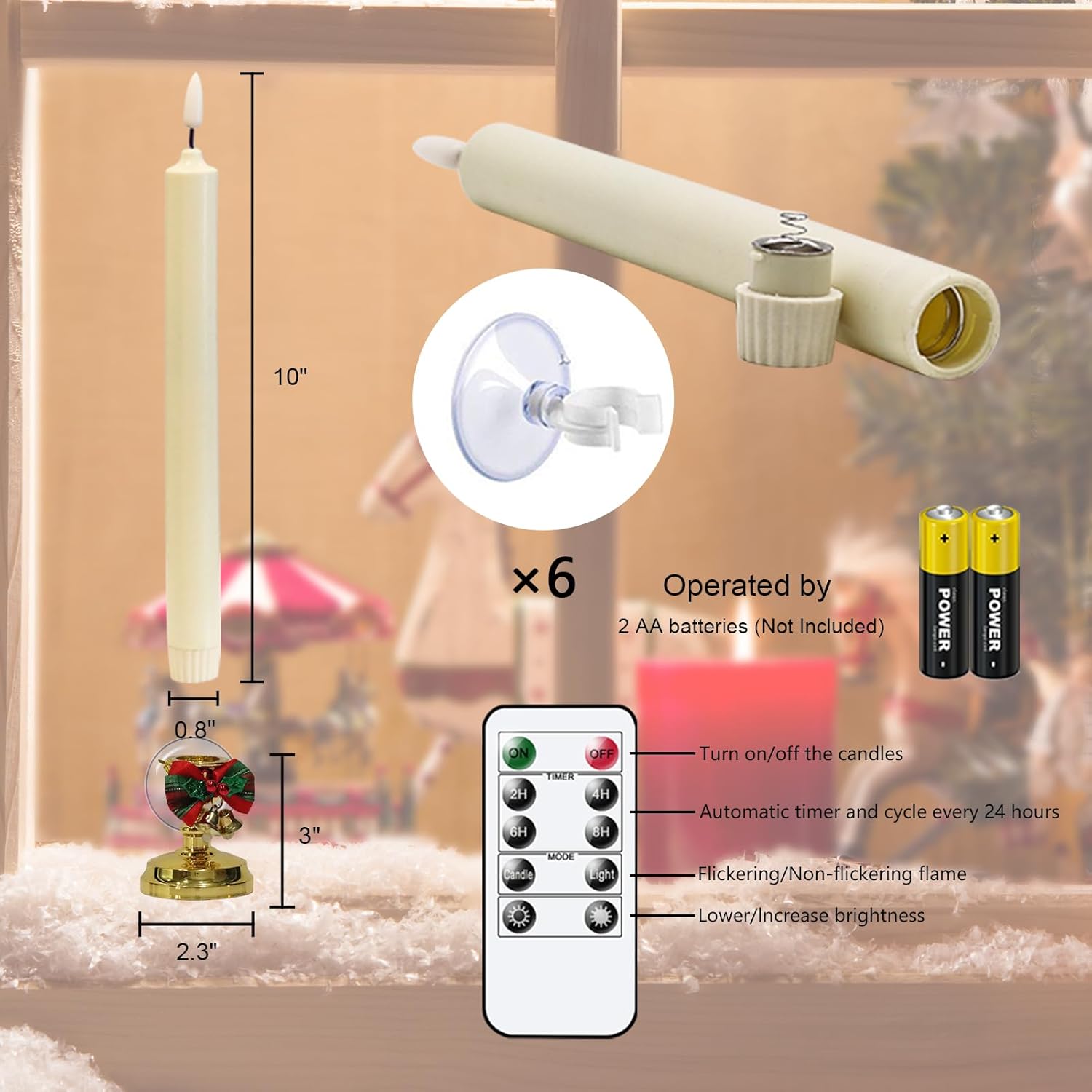 Flameless Window Candles With Remote Timer, Battery Operated Taper Candles With Wreath, 3D Wick Flickering For Christmas Decoration, Removable Suction Cups And Gold Holders Included (6 Packs)