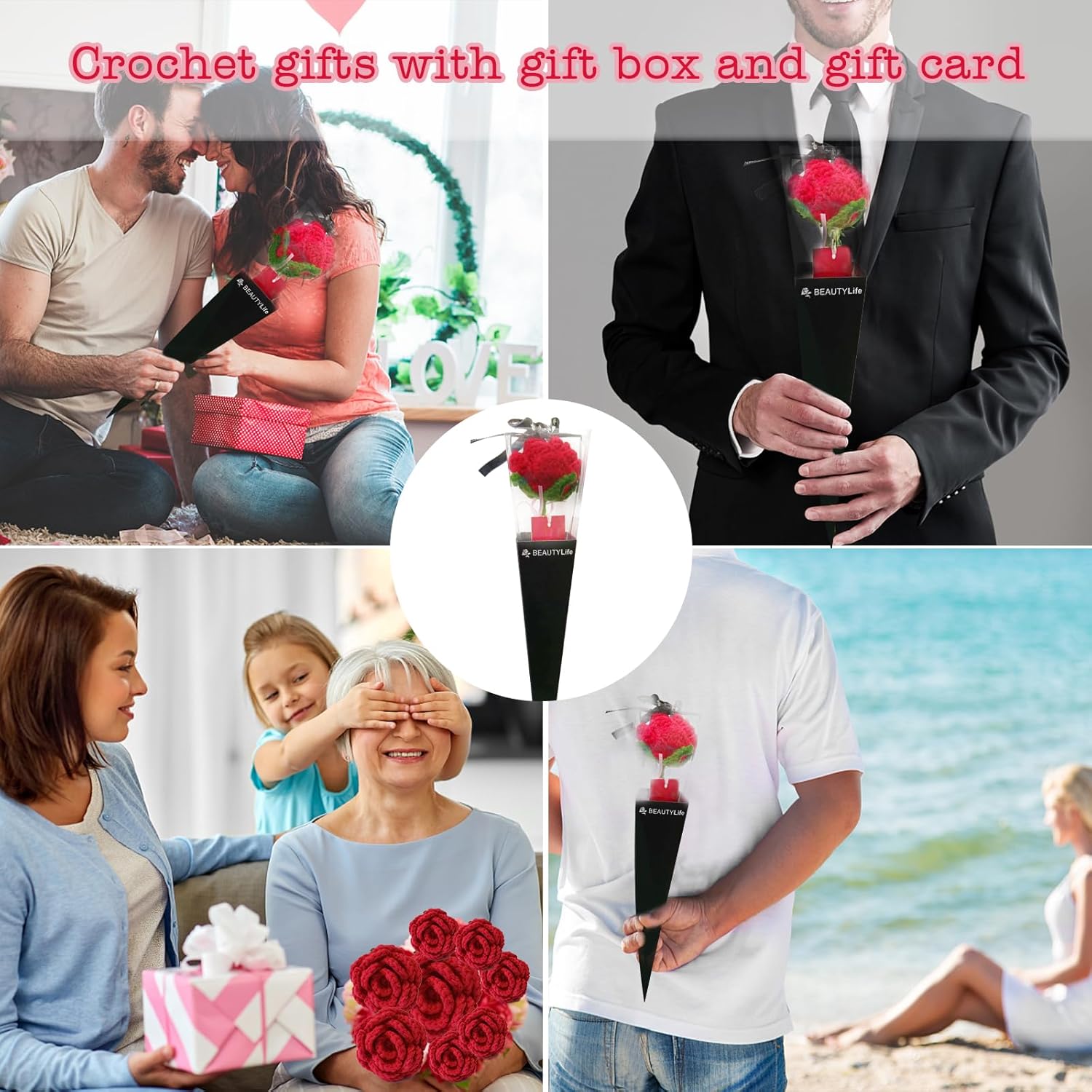 1 Pcs(Handmade Finished Roses) Knitting Crochet Flower Roses, Handmade Rose, Home Decor Romantic Valentine'S Day Gifts For Female Romantic Gift (Red Roses, With Gift Box And Card)