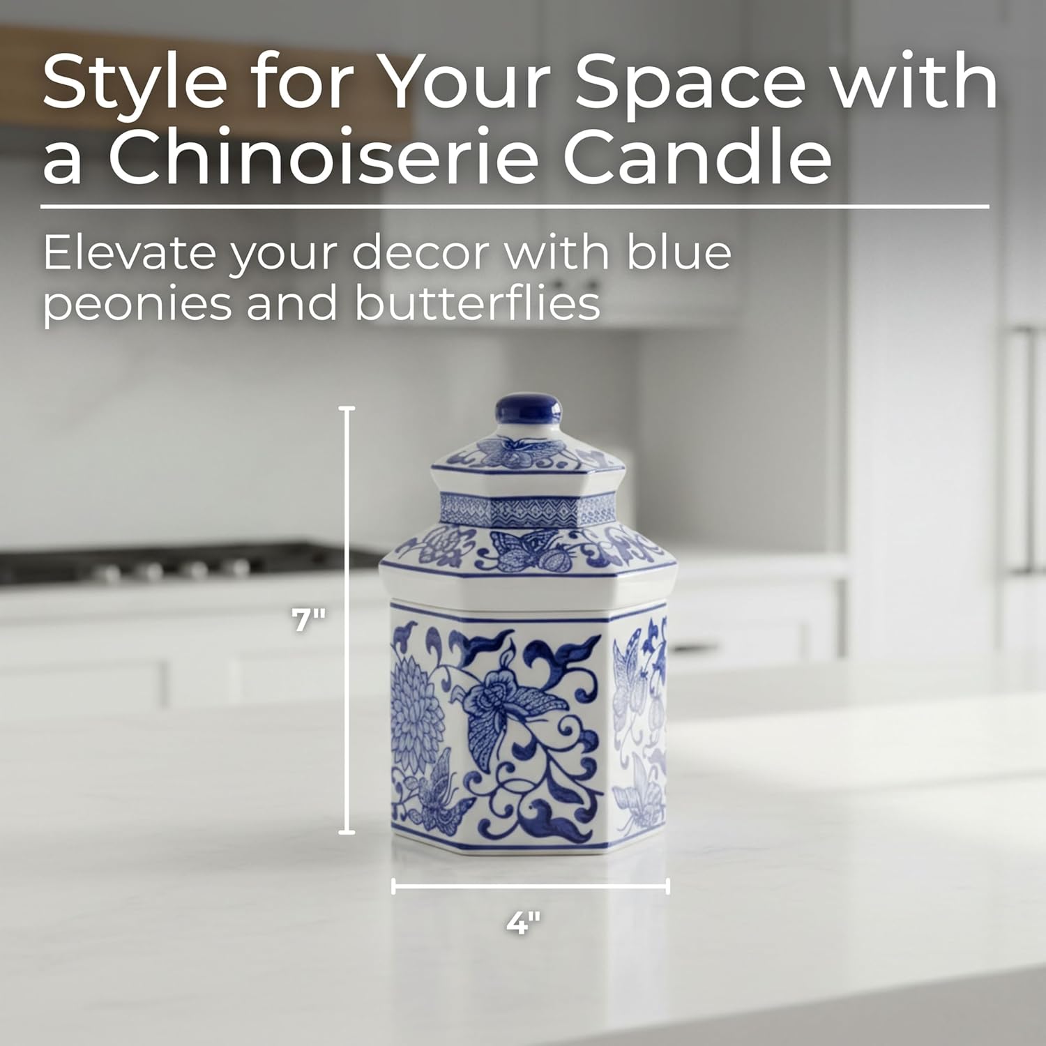Chinoiserie Ceramic Jar Candle With Lid - Hand-Painted Blue & White Hexagonal Stoneware - Decorative Boho Home & Office Accent - 7" Blue & White