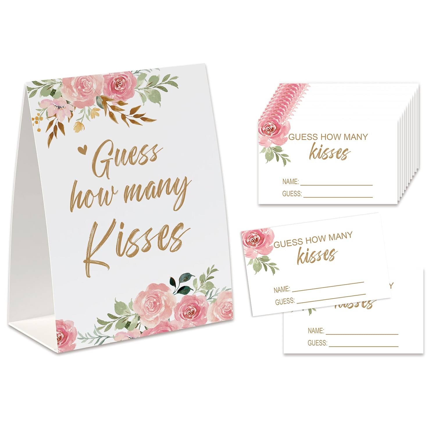 How Many Kisses Bridal Shower Game,(1 Standing Sign + 50 Guessing Cards), Floral Guessing Cards, Love Is Bloom Decorations, How Many Candies Baby Shower Game, Wedding Games For Guests-Gk05