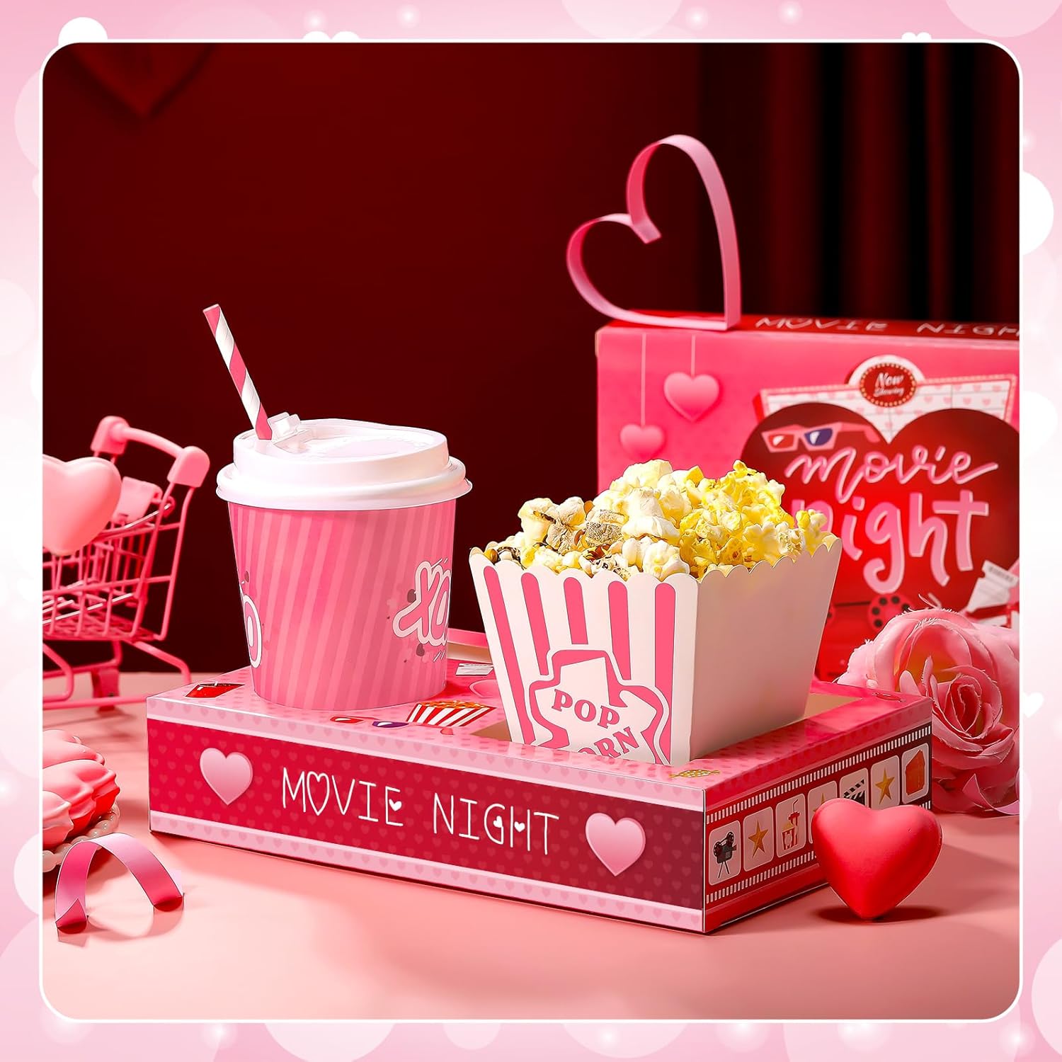 20 Pcs Valentine'S Day Movie Night Supplies Galentines Movie Night Paper Snack Trays Popcorn Candy Holder Snack Boxes Cardboard Food Holder Trays