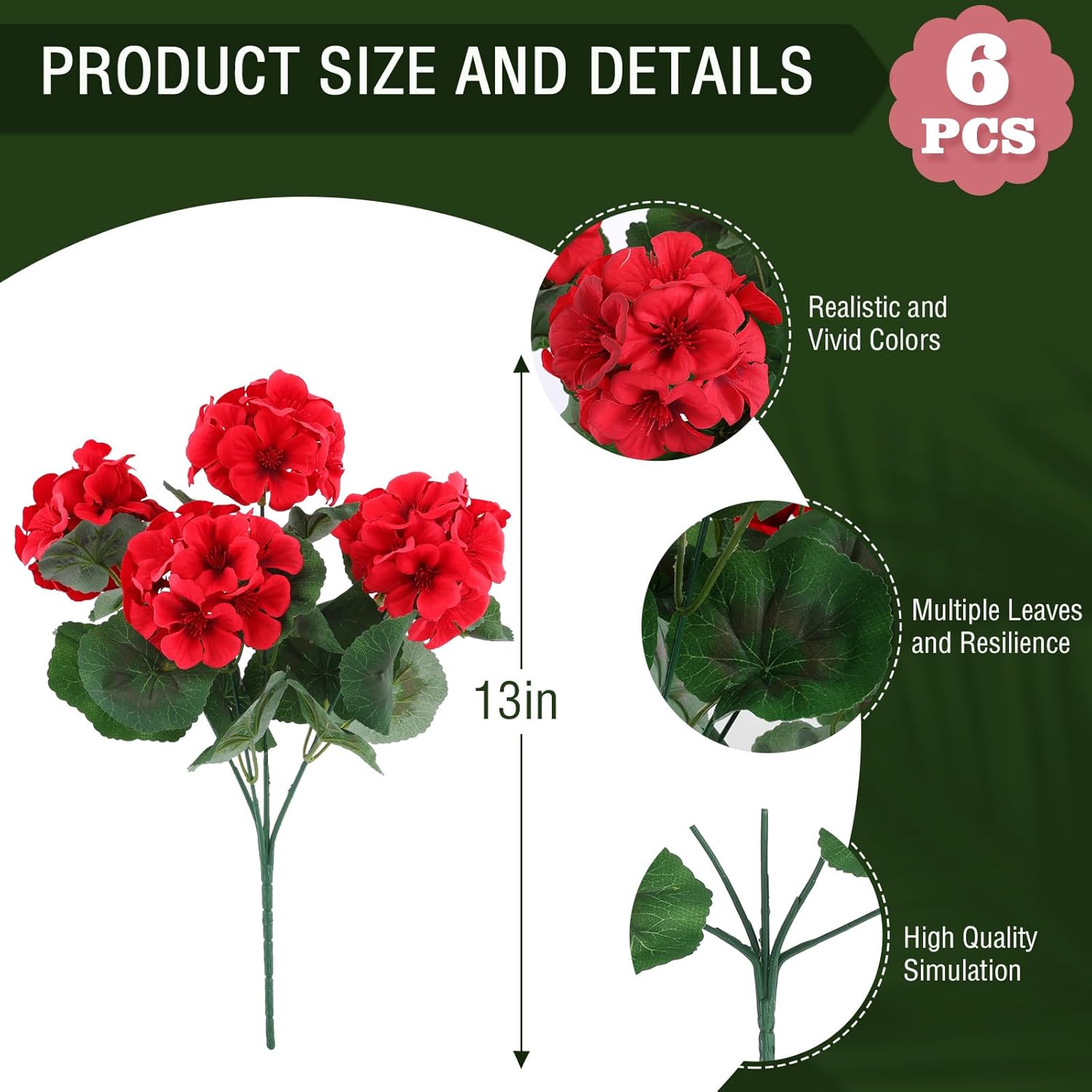6 Pcs Artificial Geranium Flowers For Outdoors Geranium Silk Red Flower Outdoor Uv Resistant Garden Plants Faux Flowers For Christmas Home Kitchen Table Centerpieces Decor (6, Red)