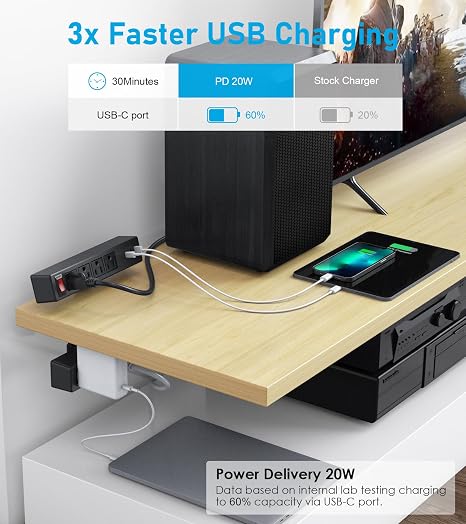 Dual Layer Desk Clamp Power Strip 10 Outlets 20W USB C 6FT Cord 700J Surge Black
