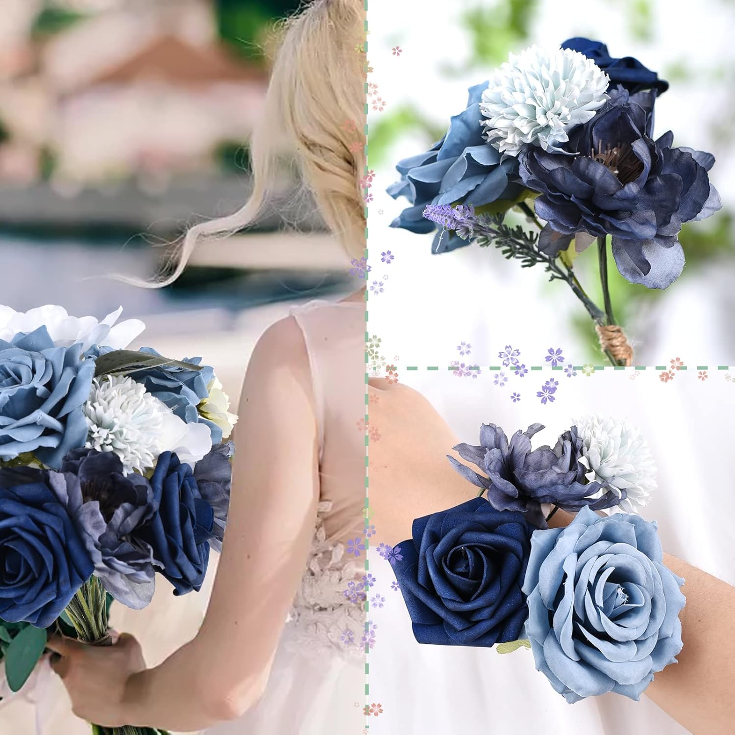 Dusty Blue Artificial Flowers Combo Box Set,Fake Silk Flowers Arrangement Bouquets With Stem Leaf For Diy Wedding Flower Centerpiece Wedding Centerpieces, Blue And White