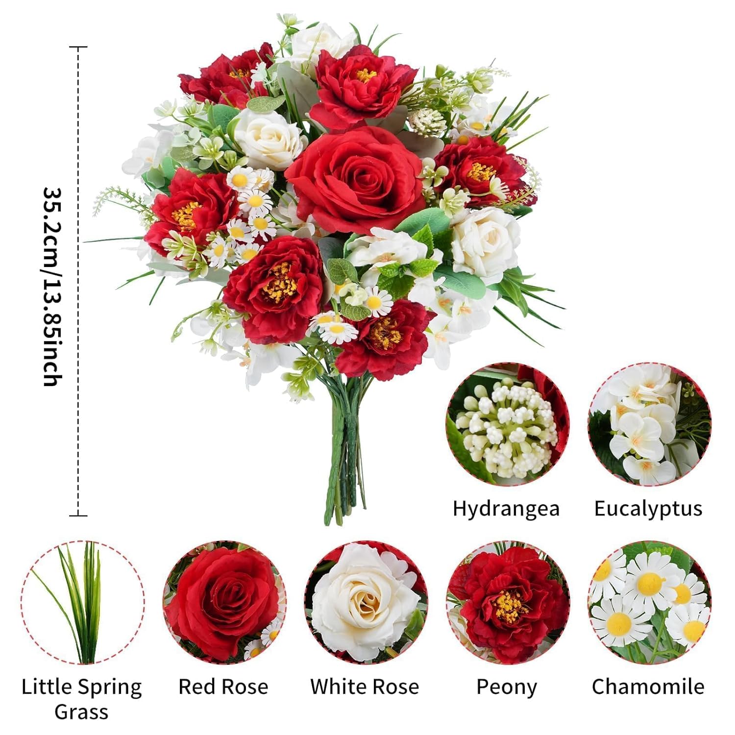 Cemetery Flowers Silk Valentine'S Day Flowers Red Peony Artificial Flower With Whtie Rose Spring Faux Flowers For Grave Memorial Day Table Centerpiece Outdoor Indoor Home Decor