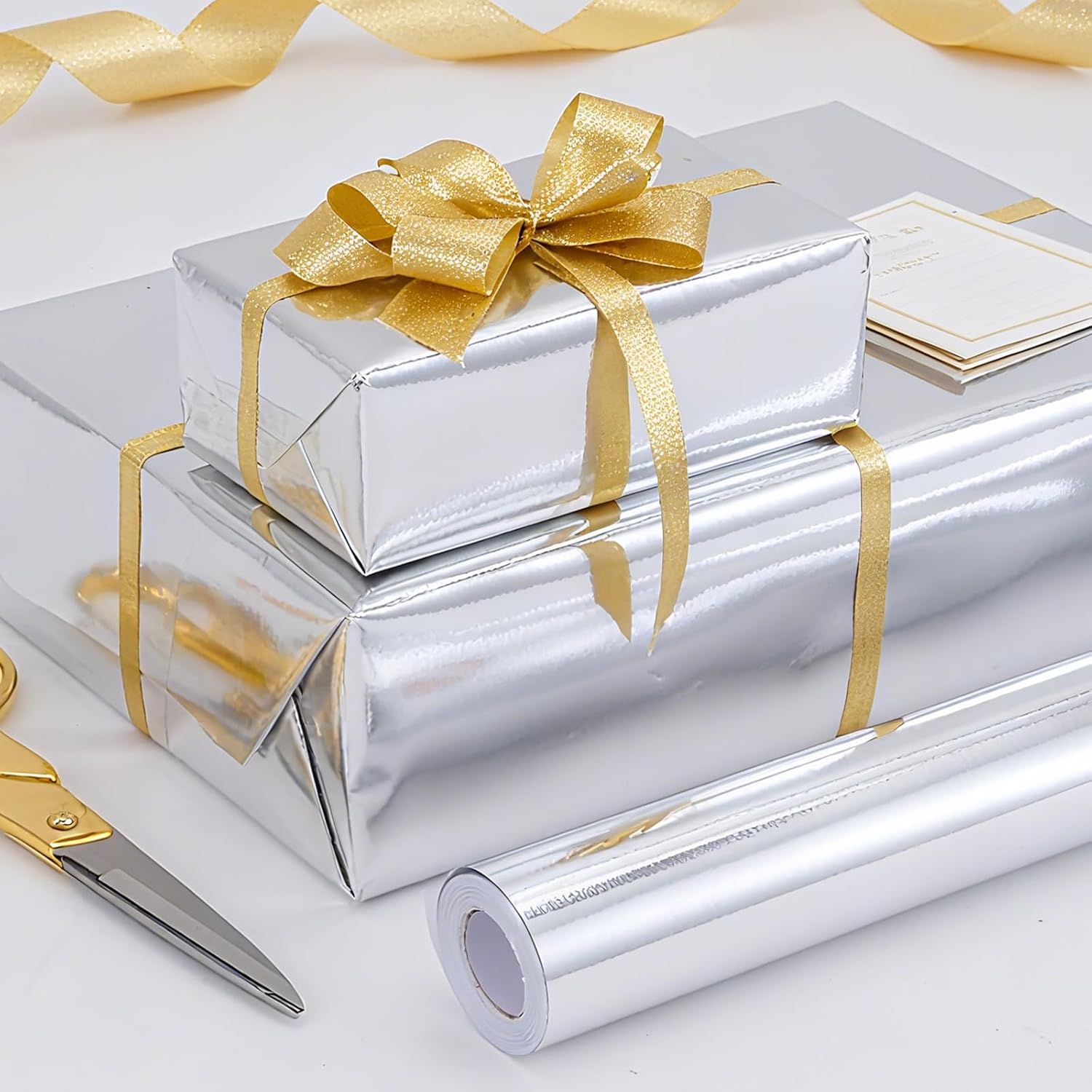 Silver Wrapping Paper, 17Inch X 33Ft Solid Color Metallic Lustre Paper, Silver Gift Wrapping Paper With Grid Cutting Lines Perfect For Birthday, Wedding, Valentine'S Day, Christmas, Baby Shower