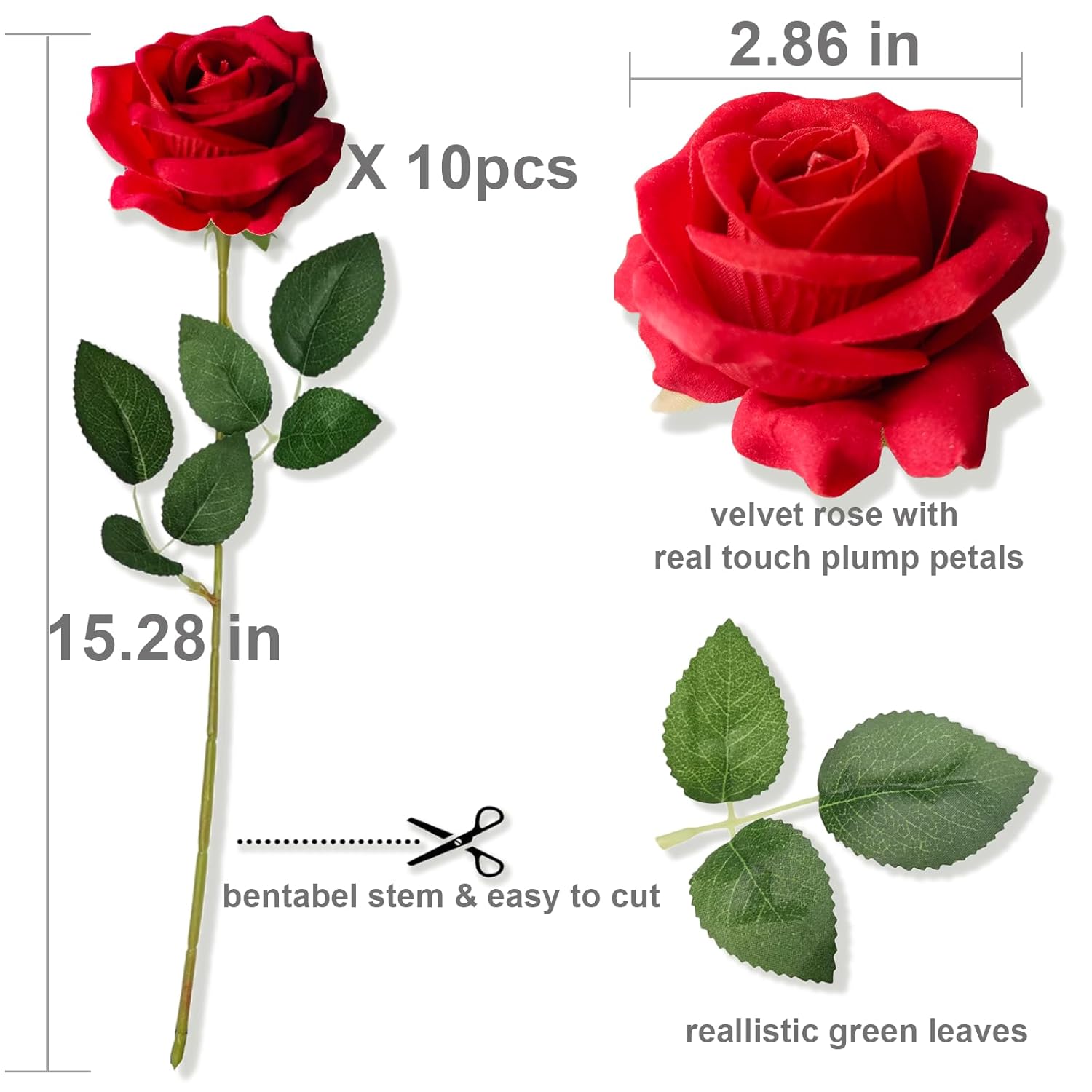 10 Pcs Velvet Fake Red Roses Artificial Red Flowers Bulk, Silk Faux Roses With Stems For Wedding Centerpieces Bridal Bouquets Home Decorations Valentine'S Day Floral Arrangements