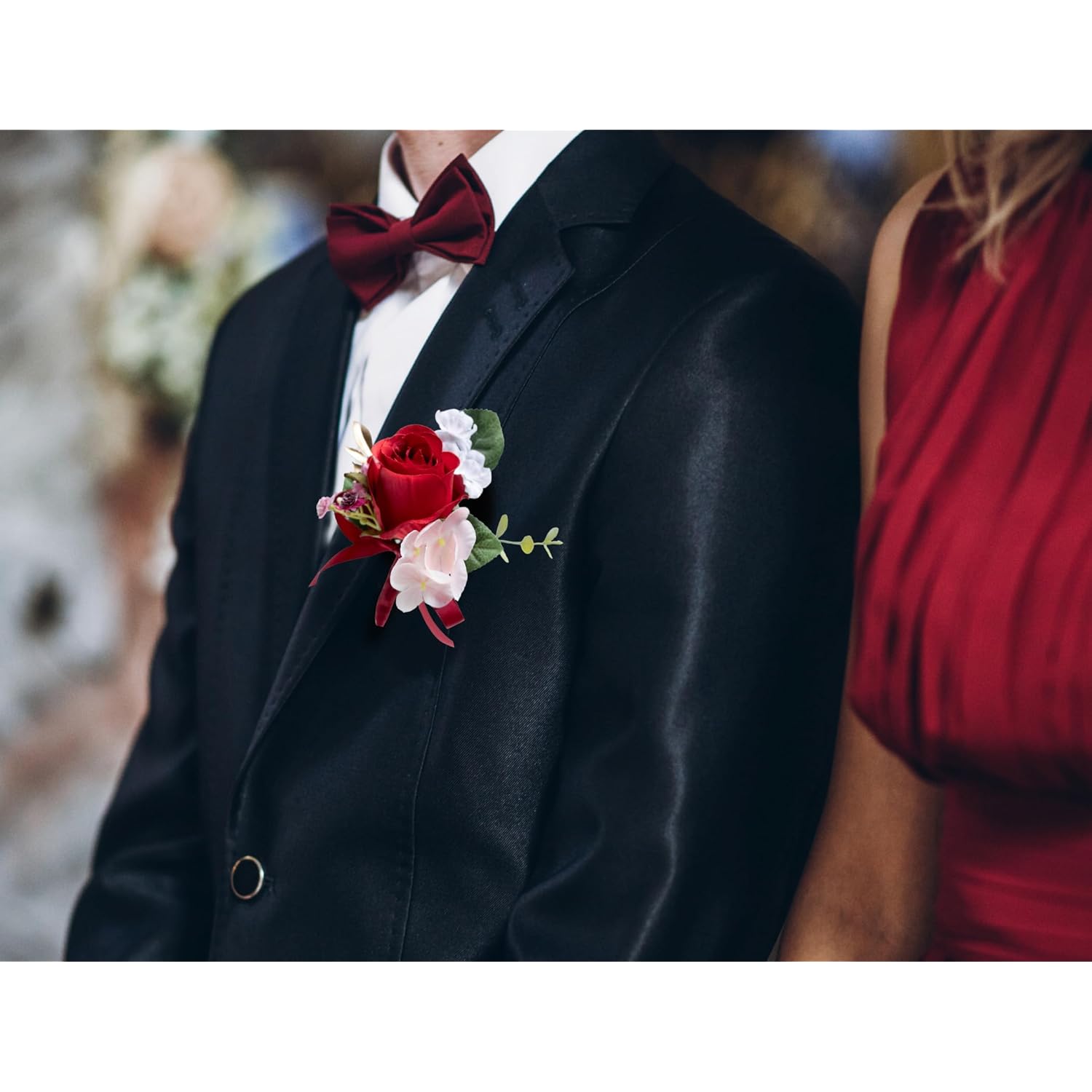2Pcs Rose Red Boutonniere For Men, Artificial Flowers Wedding Groom Groomsmen Boutonniere For Anniversary/Prom/Rustic Wedding/Homecoming (Red)