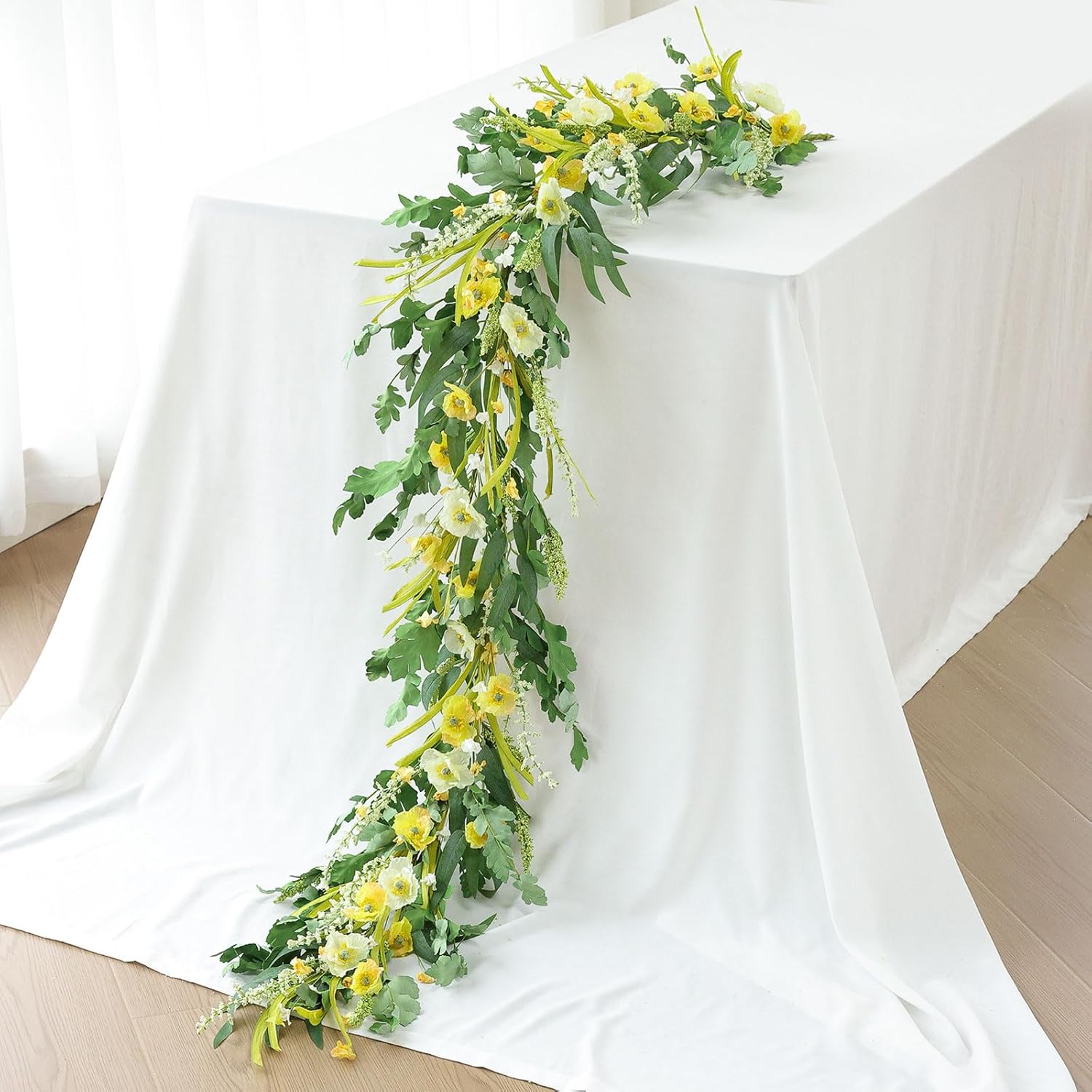 Yellow Artificial Flower Garland 6Ft Fake Poppy Floral Garland Hanging Vines Spring Summer Flowers Decorations For Mantle Table Centerpieces Room Wall Fireplace Wedding Decor (Yellow)