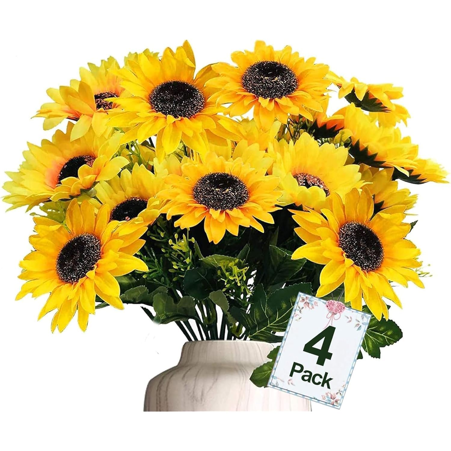 28Pcs Sunflowers Artificial Flowers For Outdoors Spring Decor, 4 Pack Fake Flowers Silk Faux Sunflower Bouquet Arrangement For Vase Wedding Table Home Cemetery Flower Summer Decor Outdoor